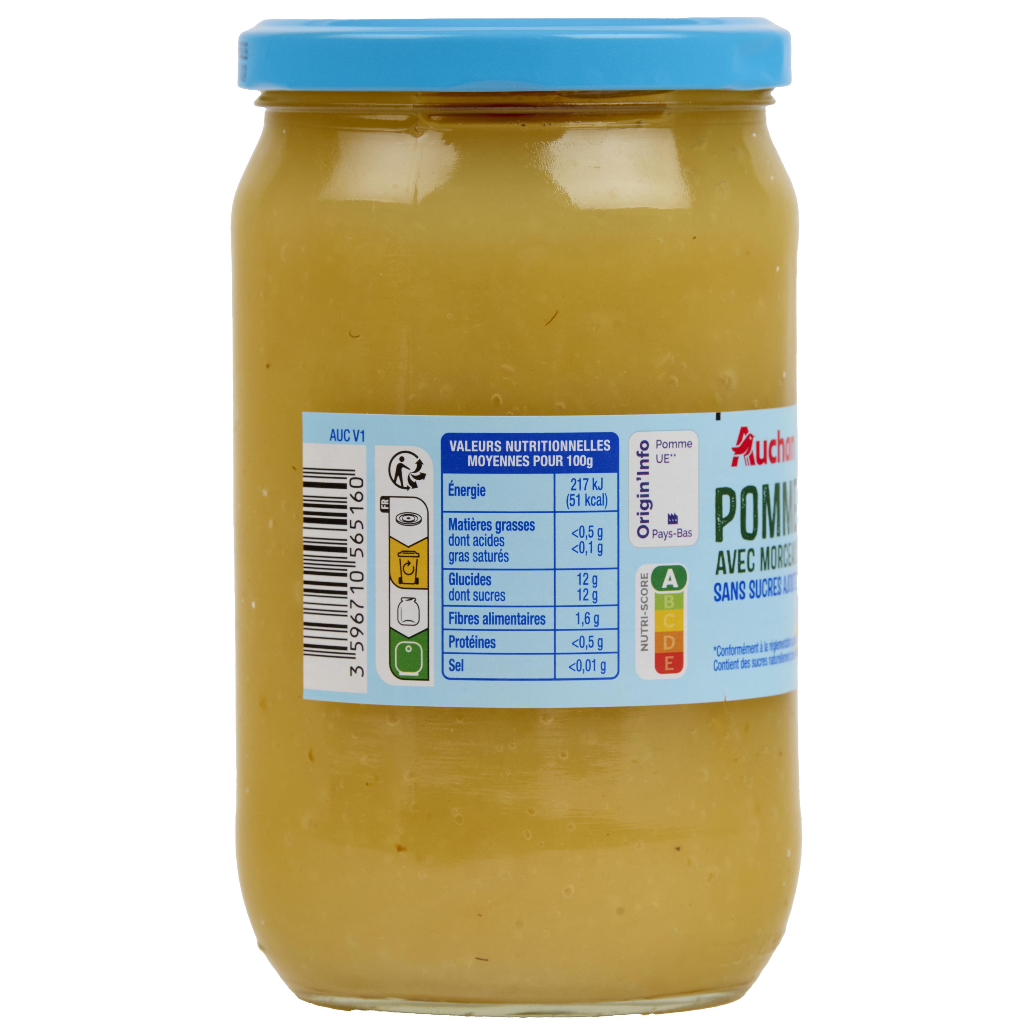 Voir la diapositive 3 : AUCHAN Purée de pomme avec morceaux sans sucres ajoutés en bocal 720g