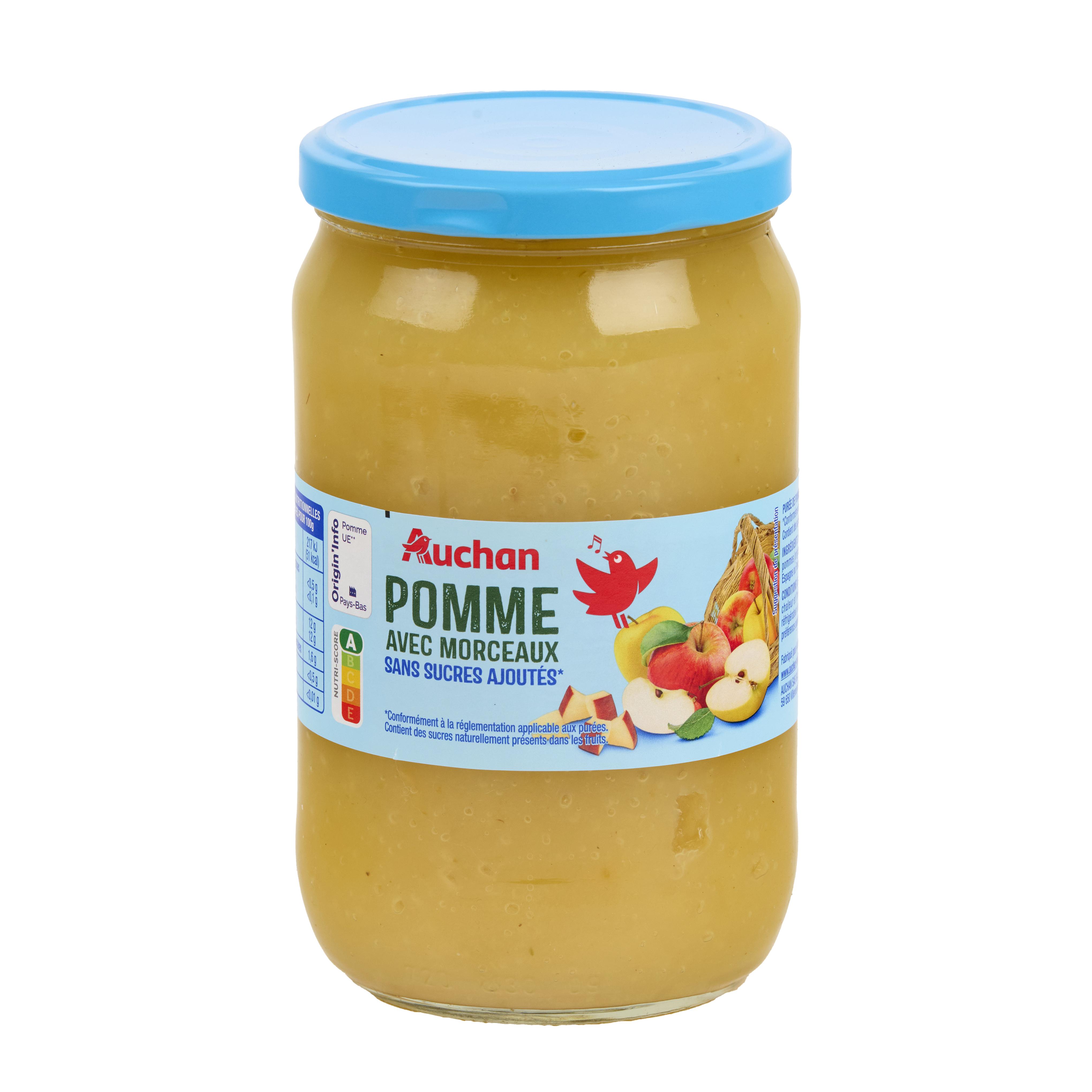 Voir la diapositive 4 : AUCHAN Purée de pomme avec morceaux sans sucres ajoutés en bocal 720g