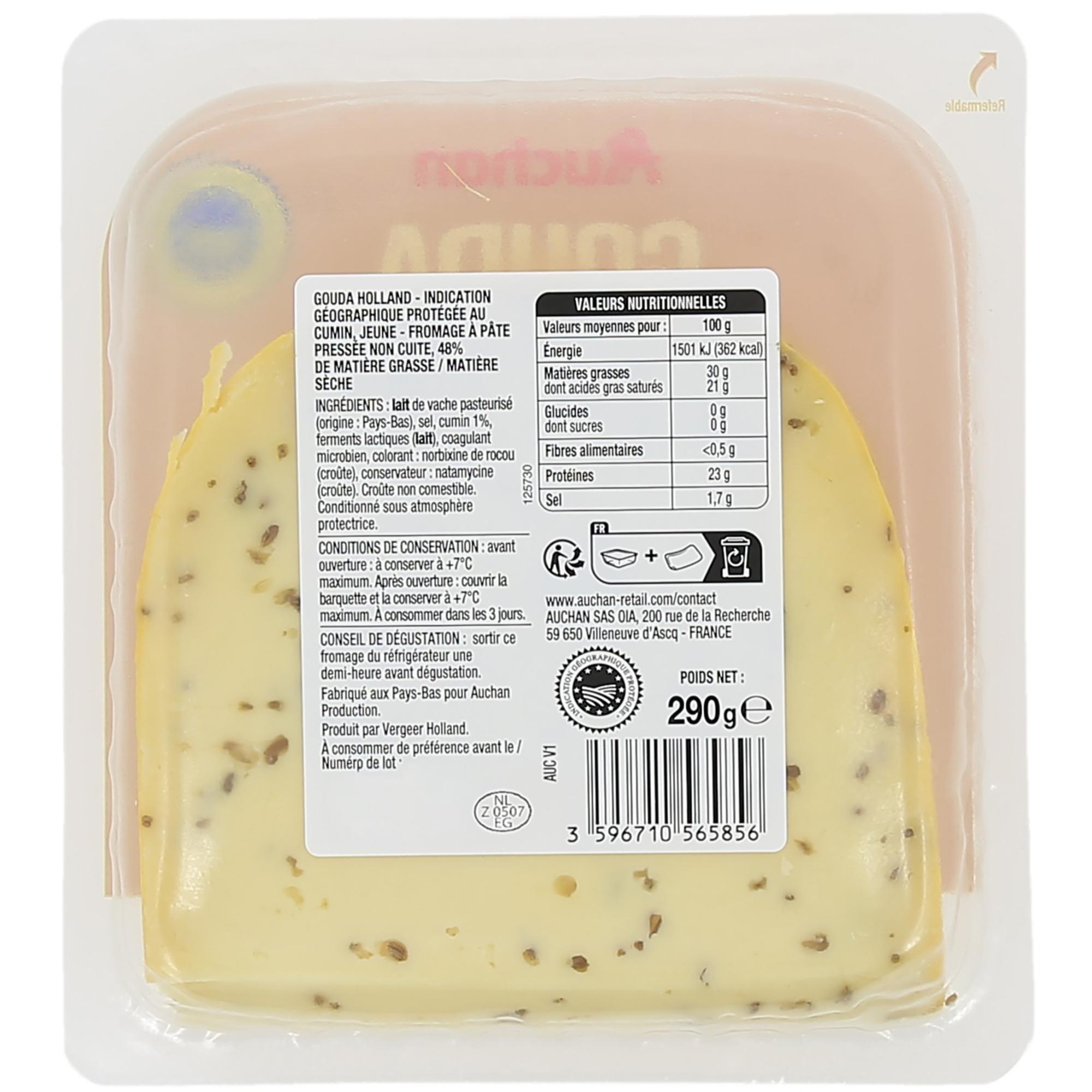 Voir la diapositive 2 : AUCHAN Gouda en bloc au cumin 290g