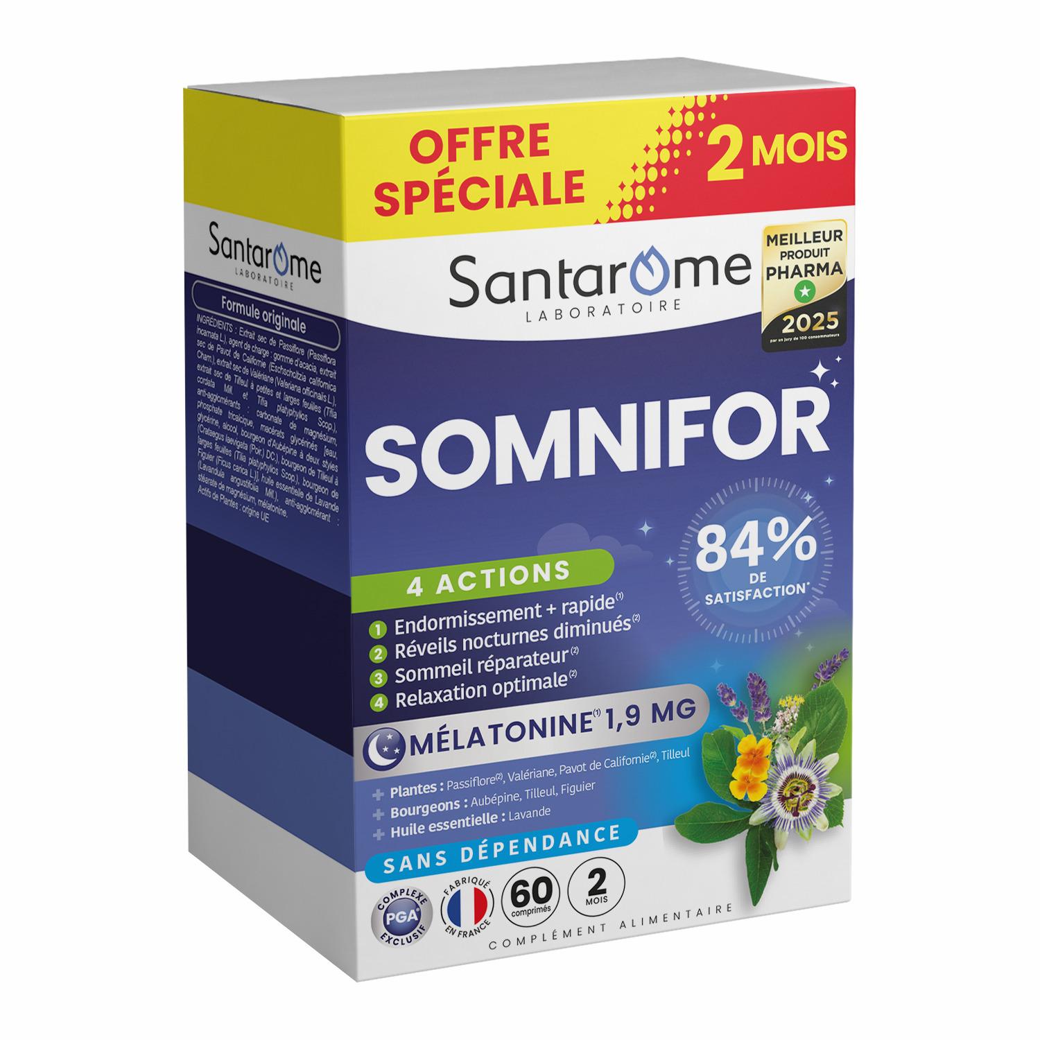 SANTAROME Somnifor 4 actions compléments alimentaires mélatonine et plantes 60 comprimés