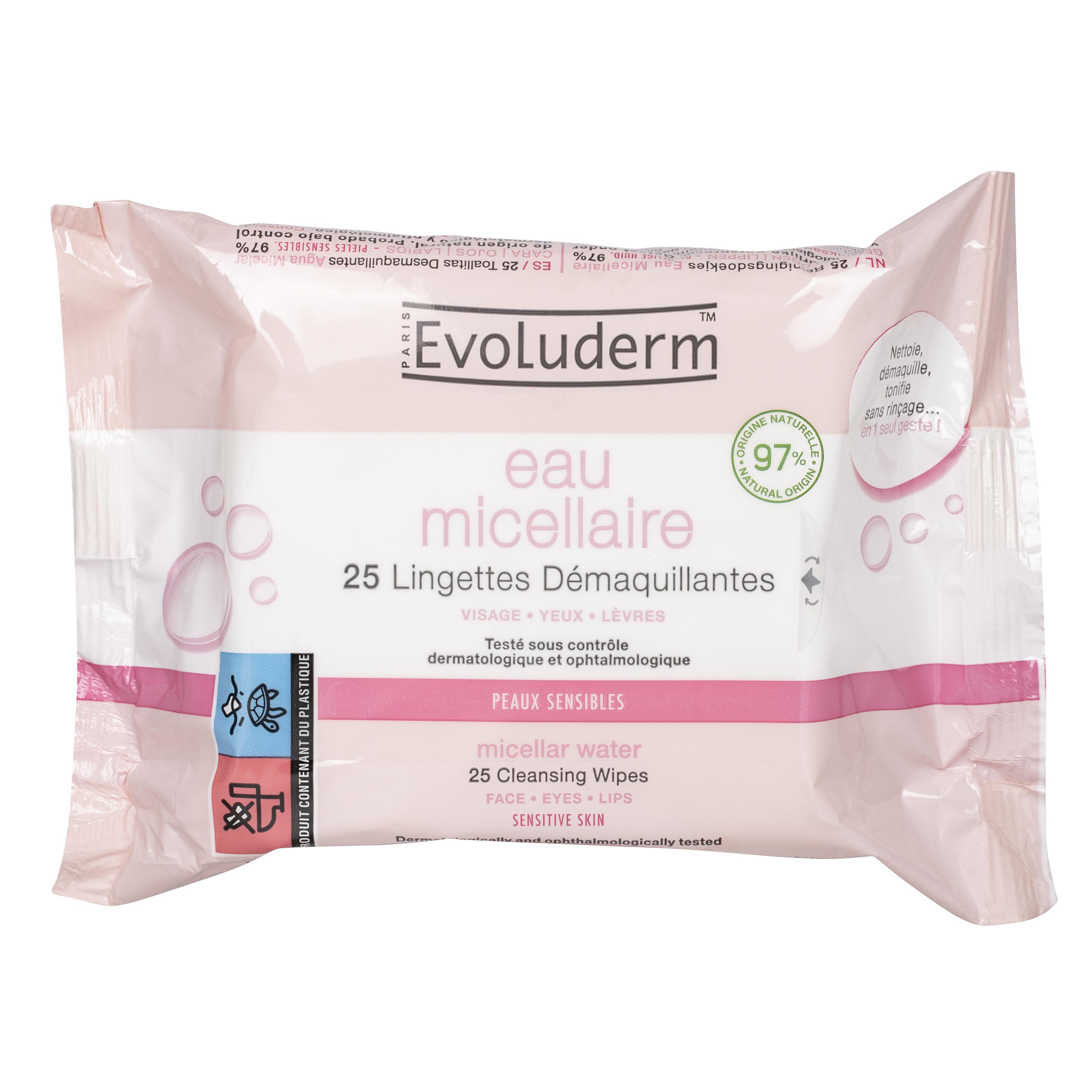 EVOLUDERM Lingettes démaquillantes eau micellaire peaux sensibles 25 lingettes