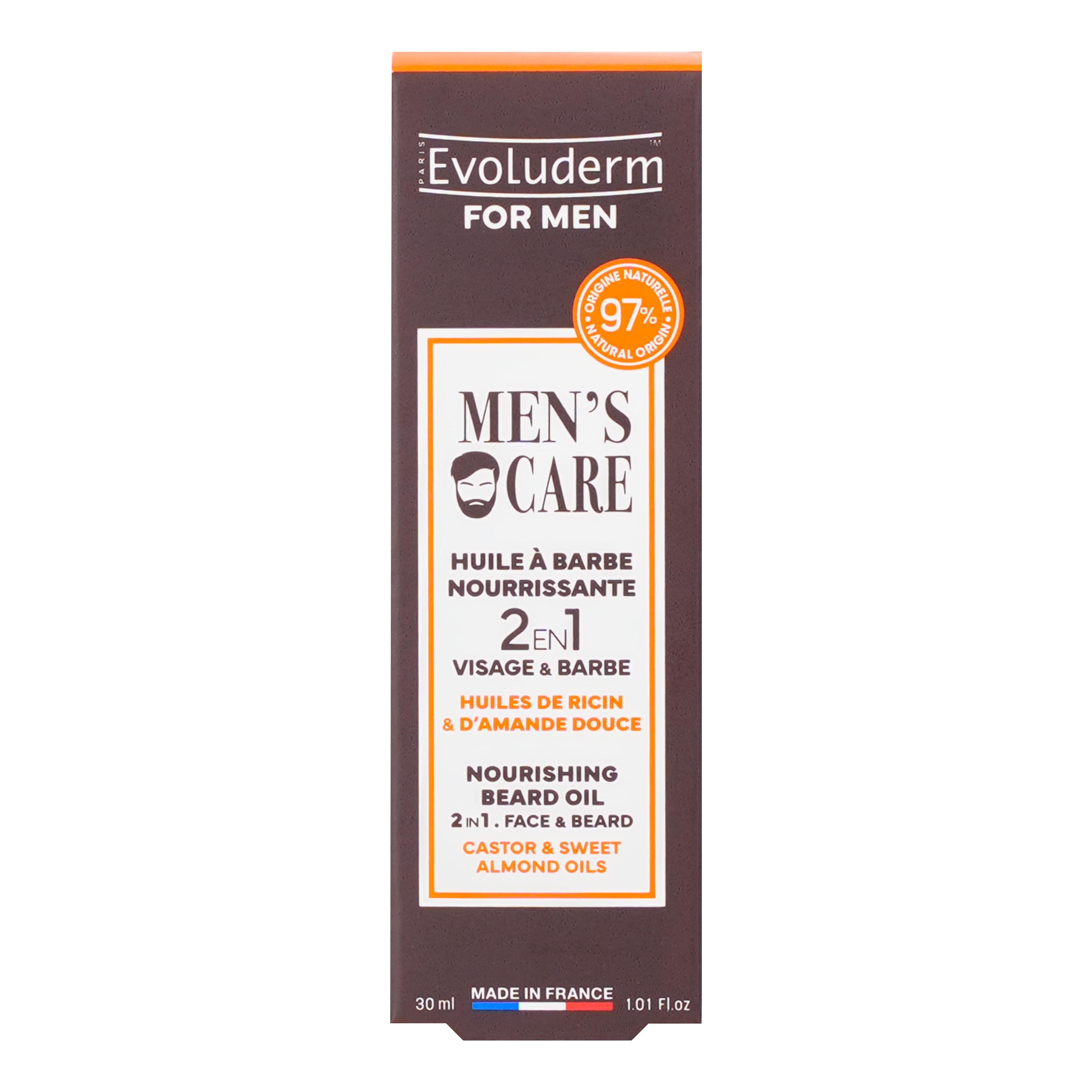 EVOLUDERM For Men Men's Care Huile à barbe nourrissante 2 en 1 visage & barbe huiles de ricin et amande douce 30ml