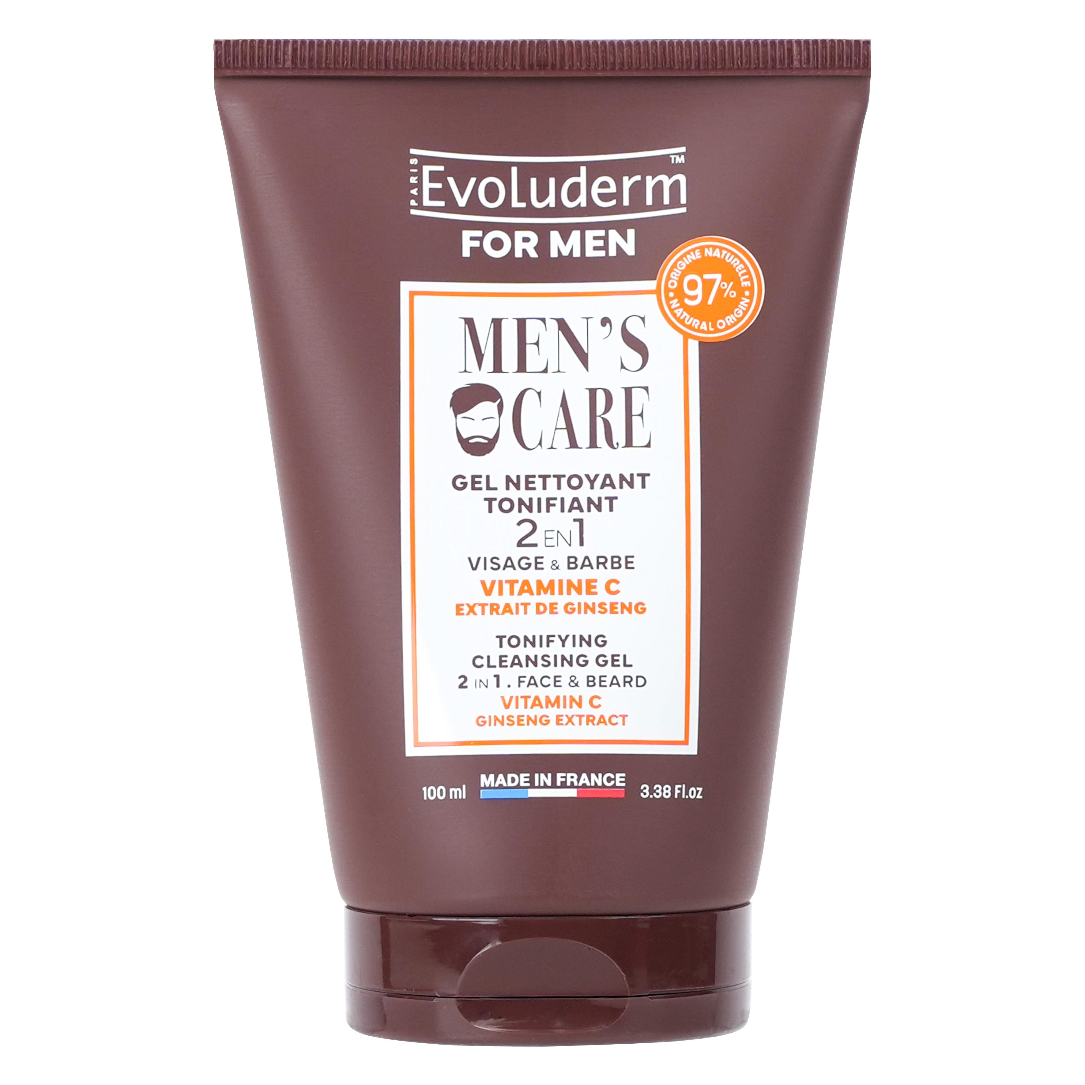 EVOLUDERM For Men Gel nettoyant tonifiant 2en1 visage et barbe à la vitamine C et extrait de ginseng 100ml