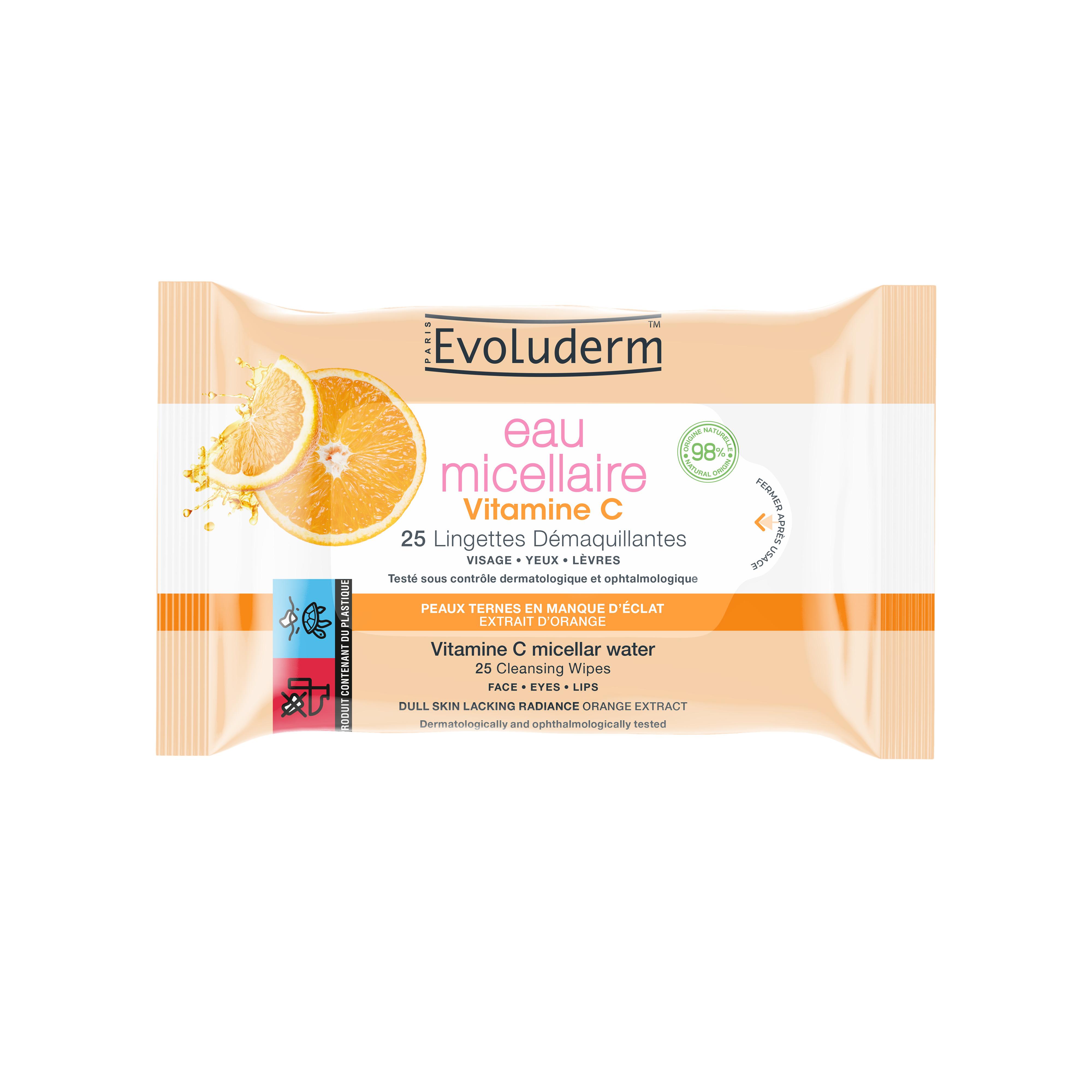 EVOLUDERM Lingettes démaquillantes eau micellaire à la vitamine C peaux ternes en manque d'éclat 25 lingettes