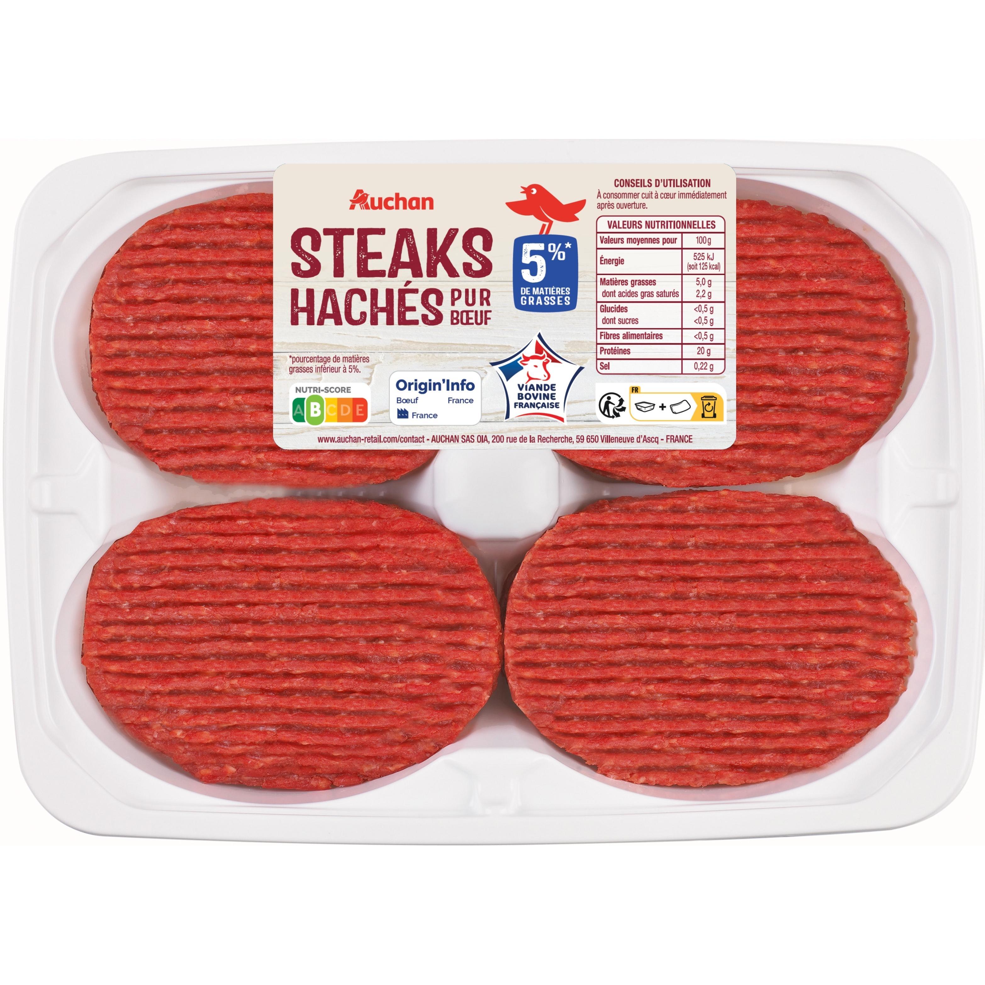 AUCHAN Steak haché pur boeuf 5%mg 4 pièces 4x100g