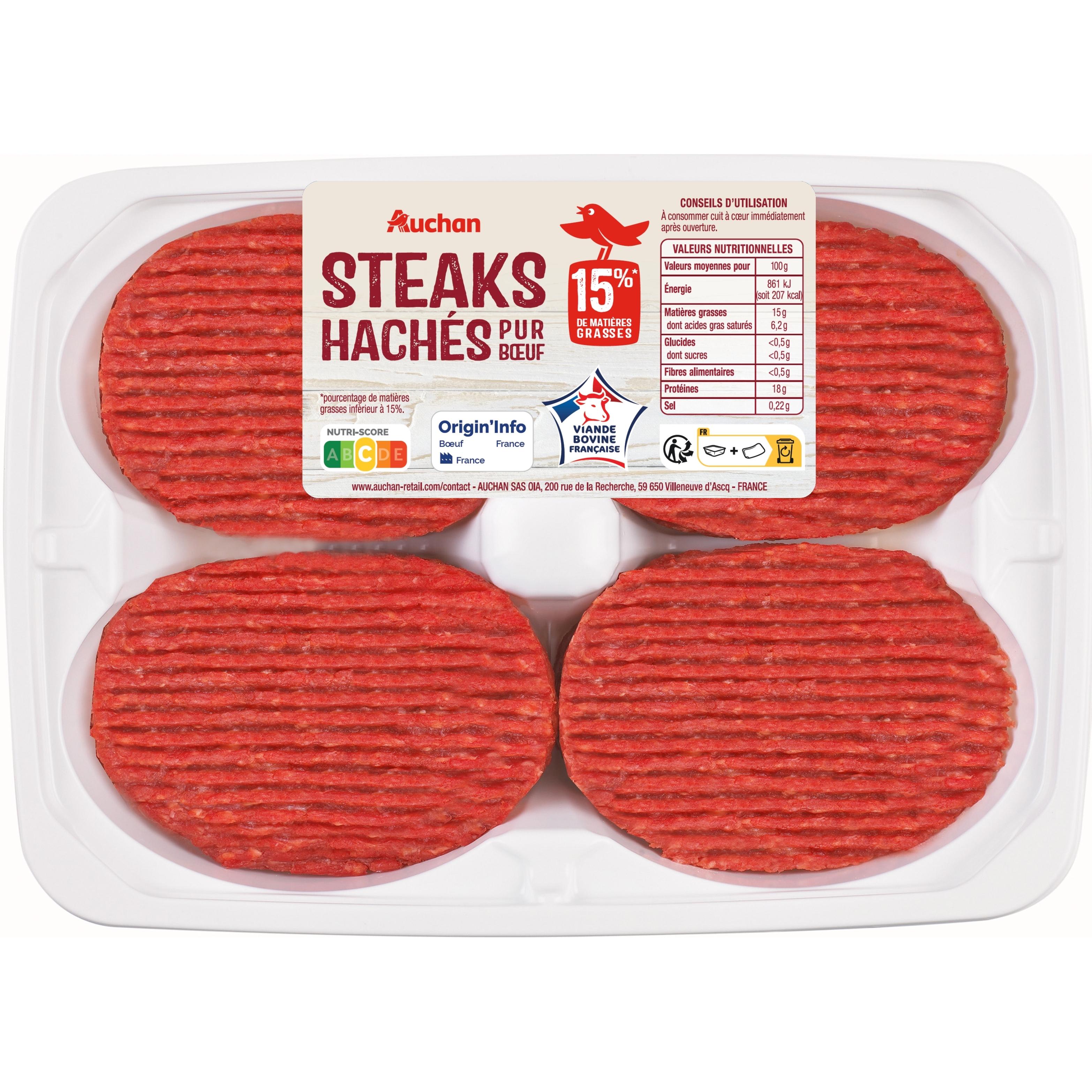 AUCHAN Steak haché pur boeuf 15%mg 4 pièces 4x100g
