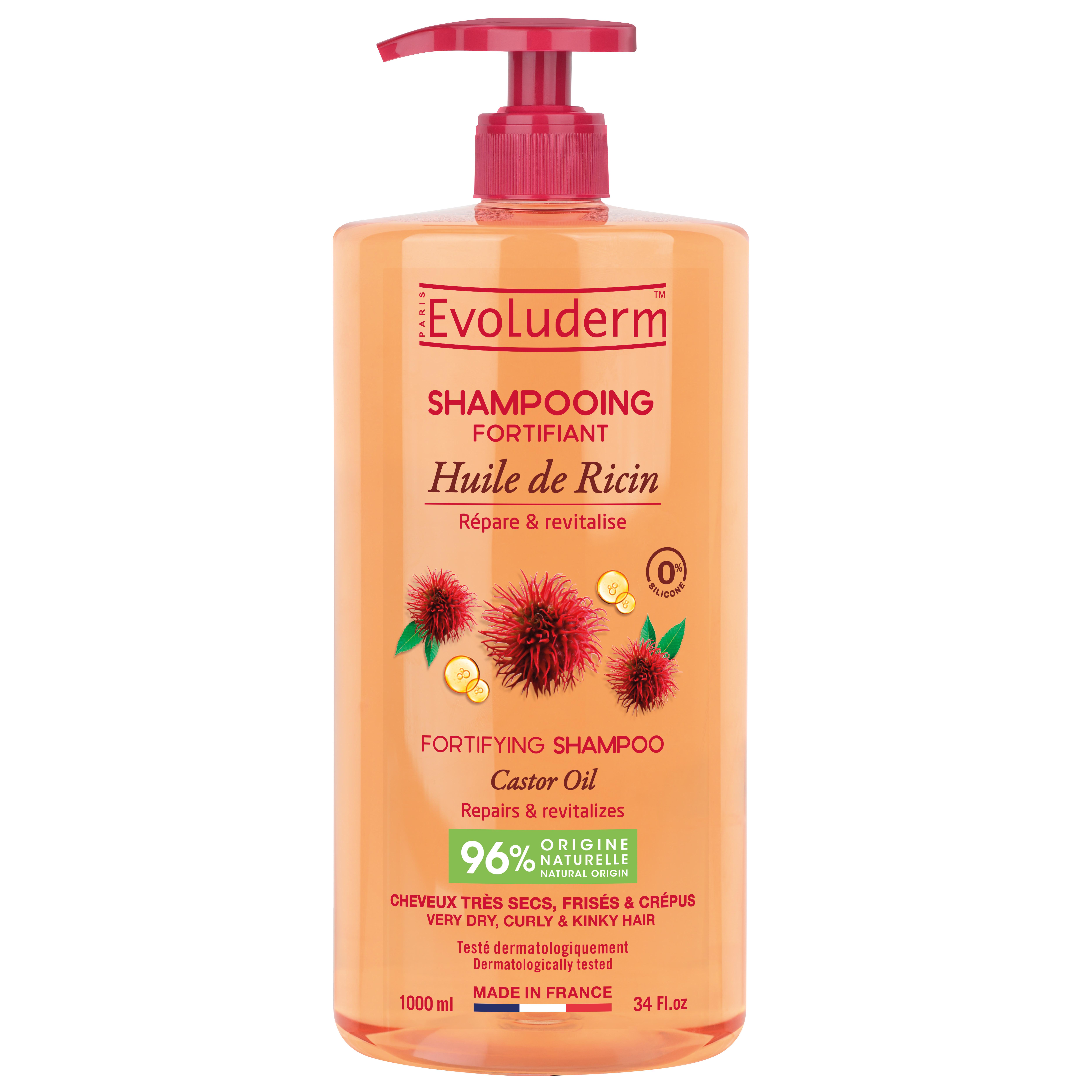 EVOLUDERM Shampoing fortifiant huile de ricin cheveux très secs frisés et crépus 1l
