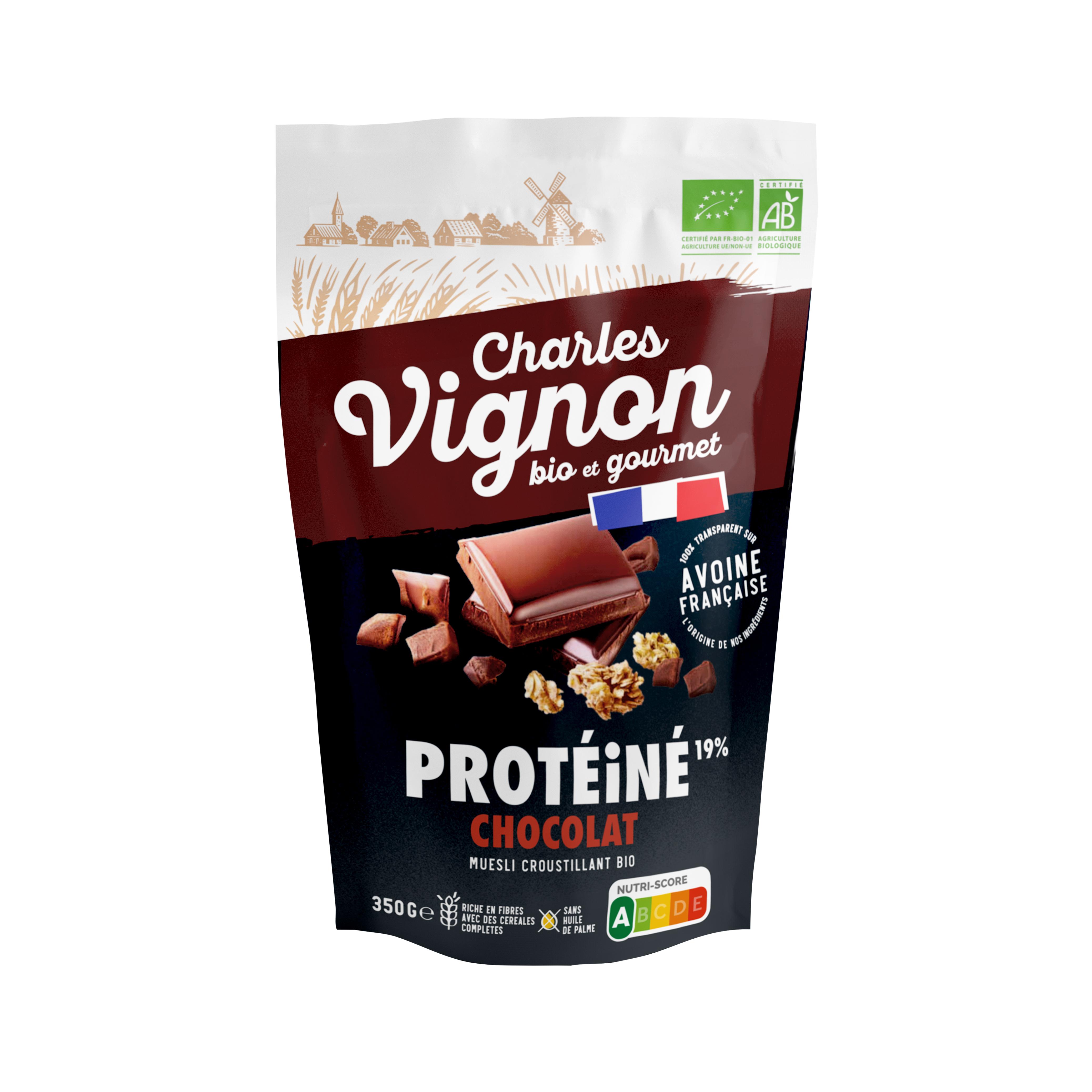 CHARLES VIGNON Muesli croustillant protéiné chocolat bio sans sucres ajoutés 350g