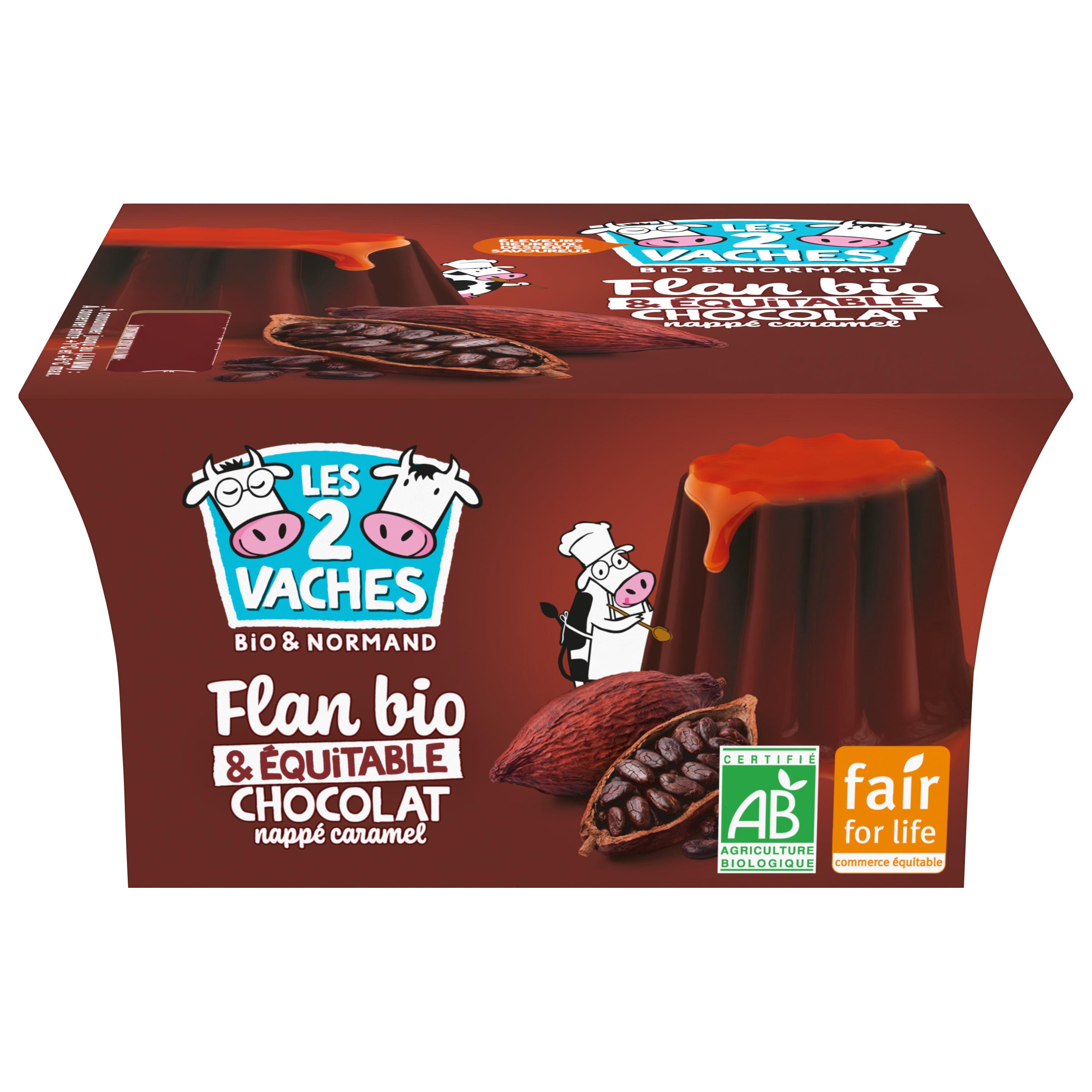 LES 2 VACHES Flan ferme et fondant au chocolat nappé caramel bio 4x100g