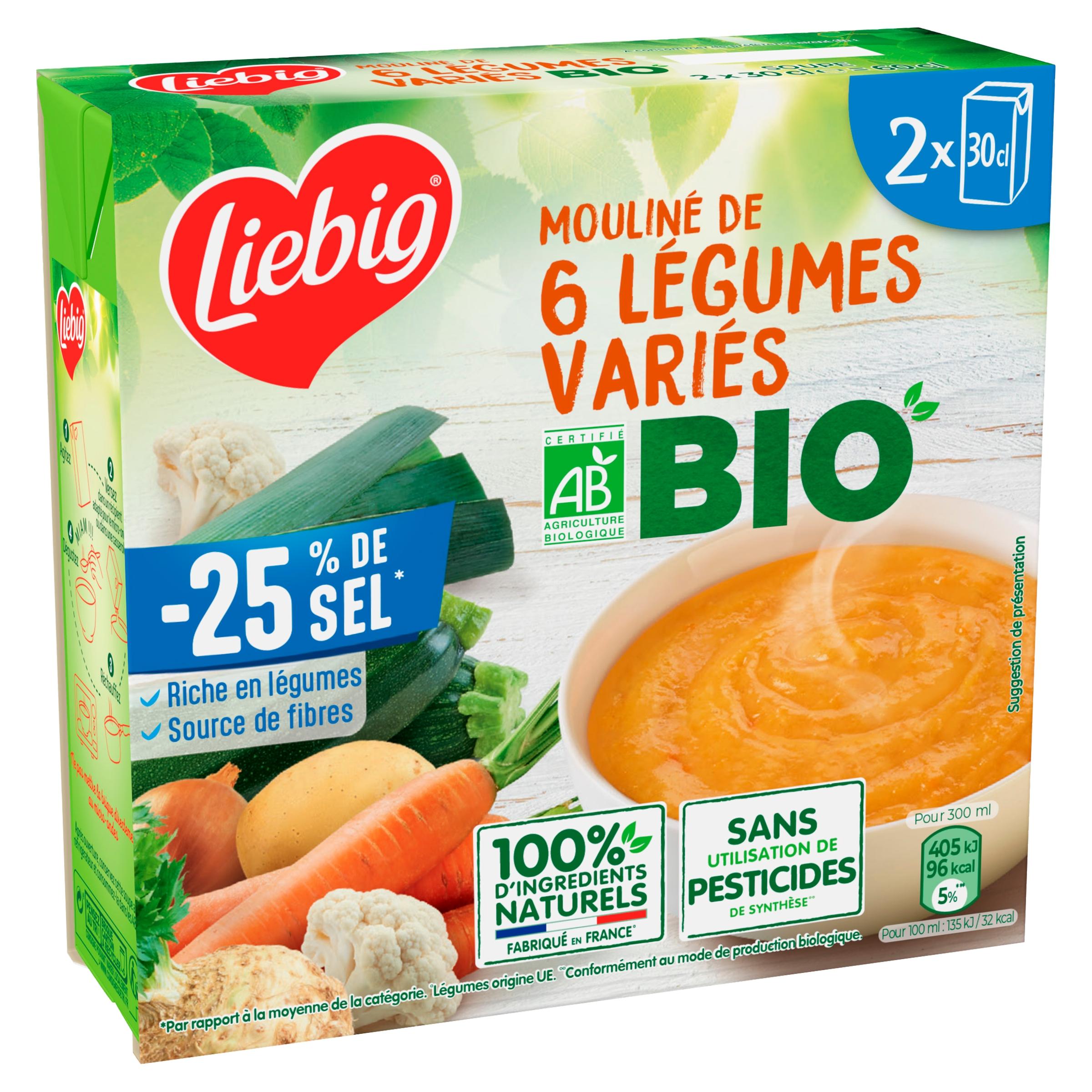 LIEBIG Soupe moulinée liquide bio aux 6 légumes variés -25% de sel 2x1 personne 2x30cl