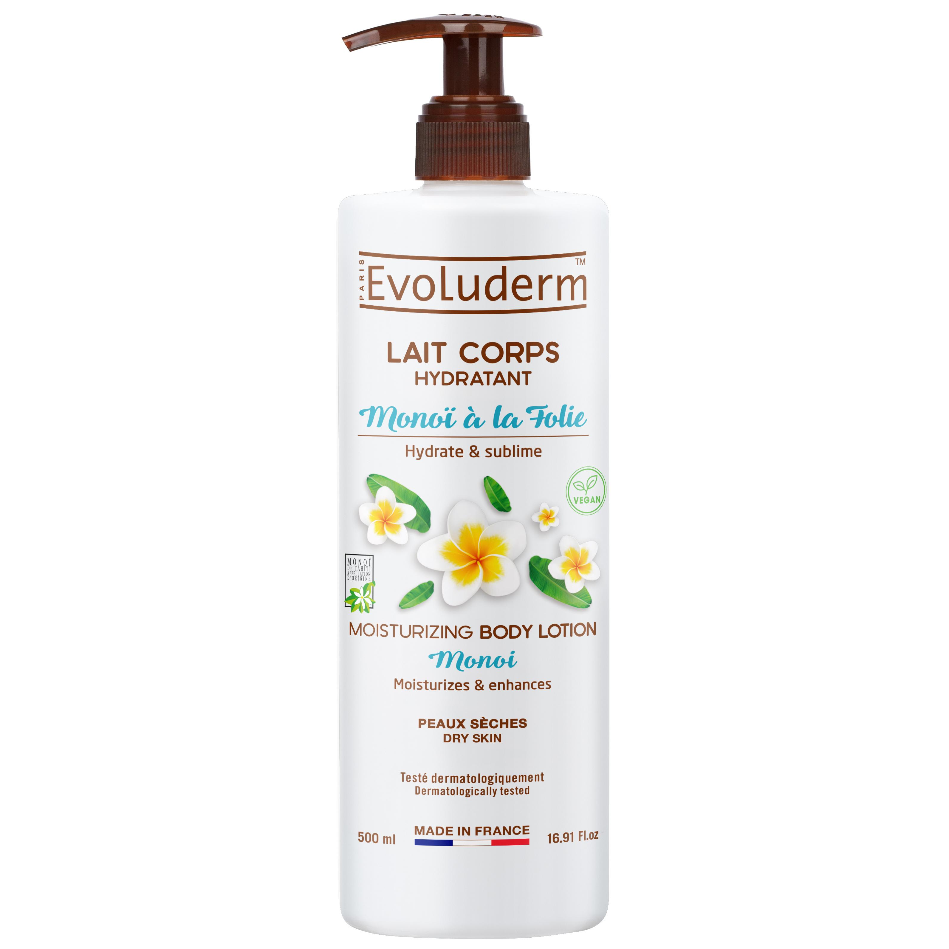 EVOLUDERM Lait corps hydratant monoï à la folie peaux sèches 500ml