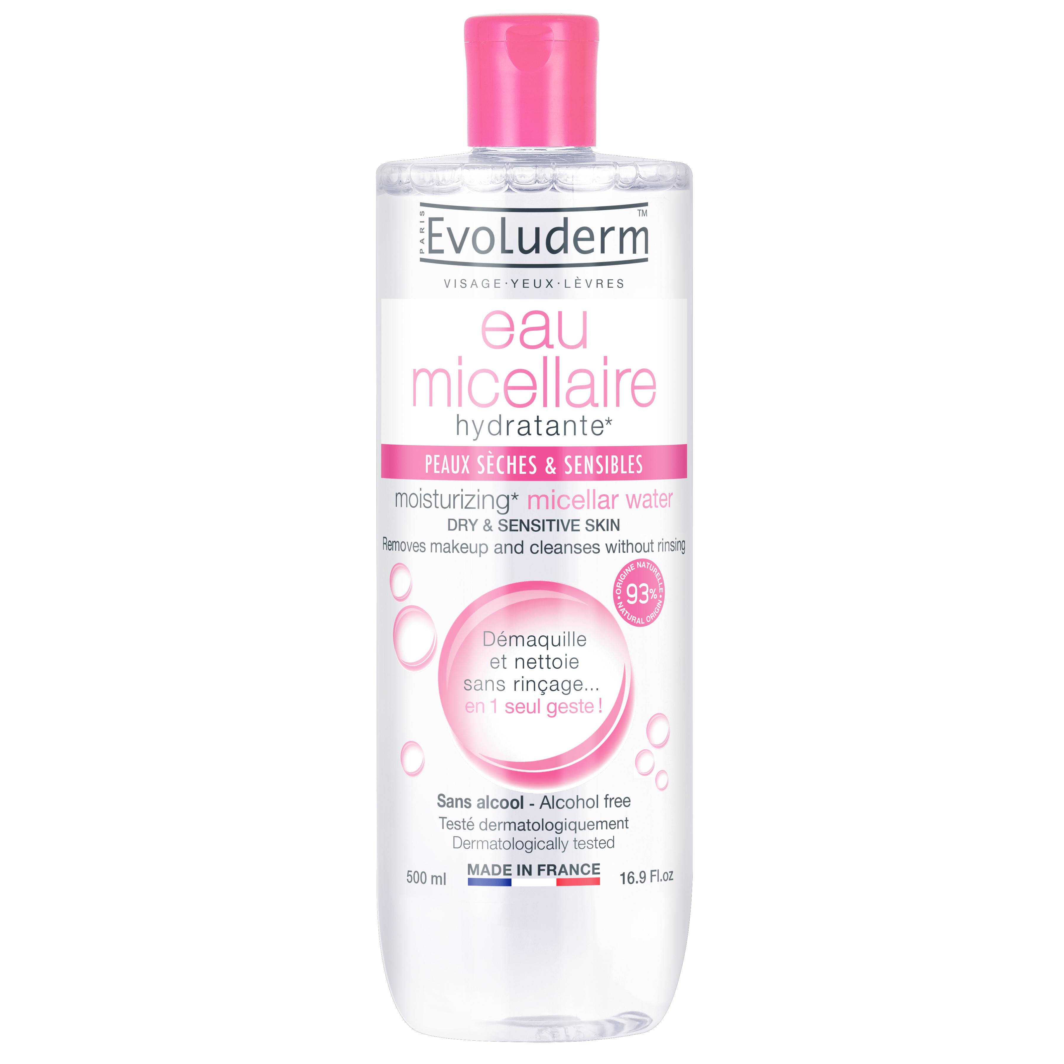 EVOLUDERM Eau micellaire hydratante visage yeux lèvres peaux sèches et sensibles 500ml