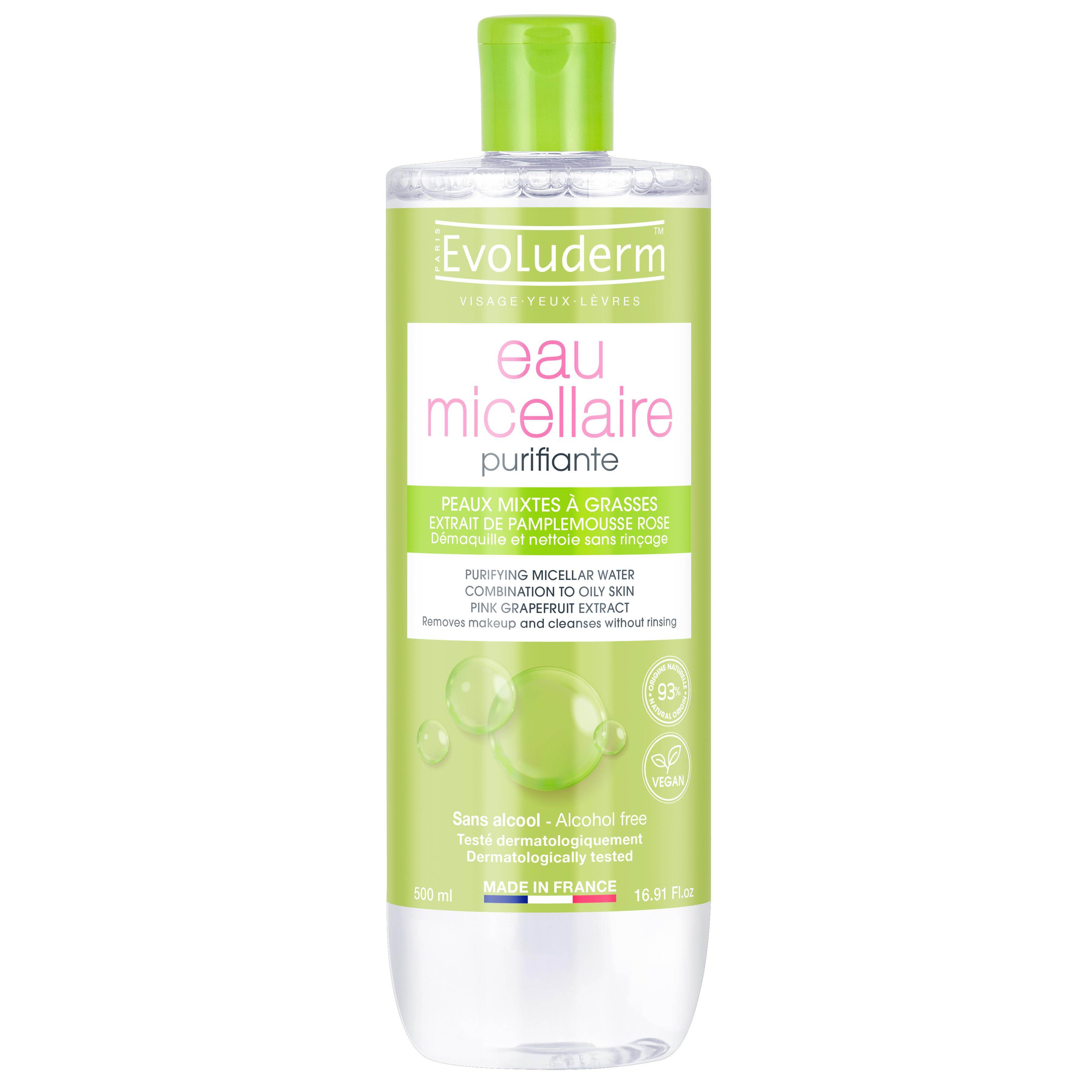 EVOLUDERM Eau micellaire purifiante visage yeux lèvres peaux mixtes à grasses 500ml