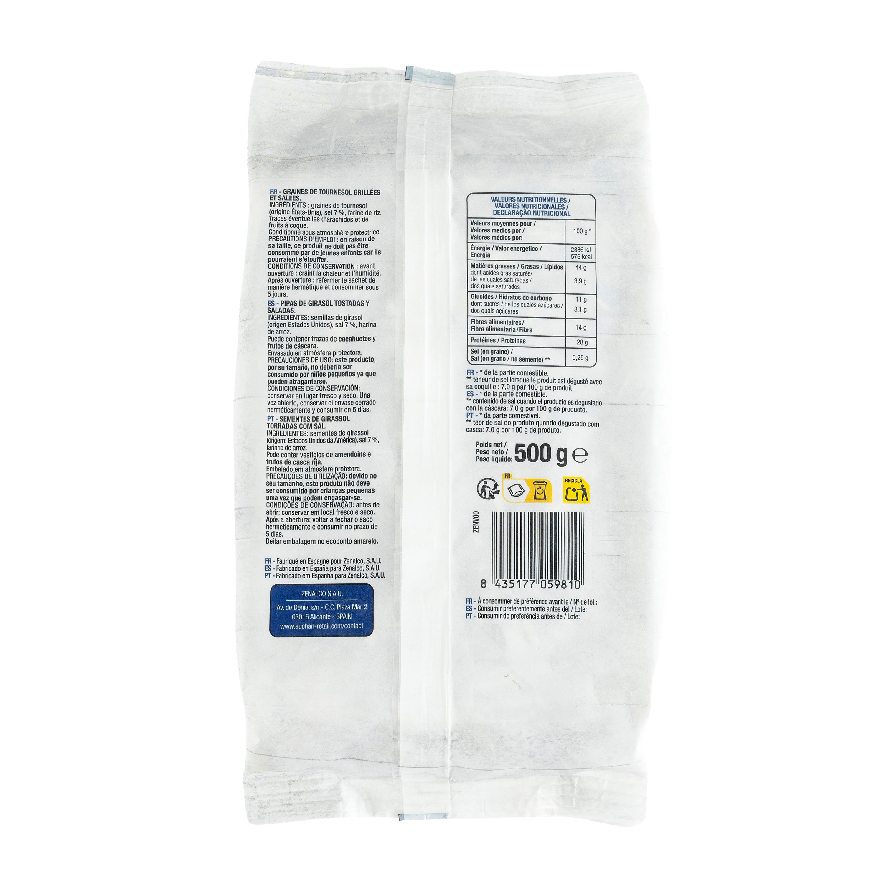 Voir la diapositive 2 : AUCHAN Graines de tournesol grillées salées 500g