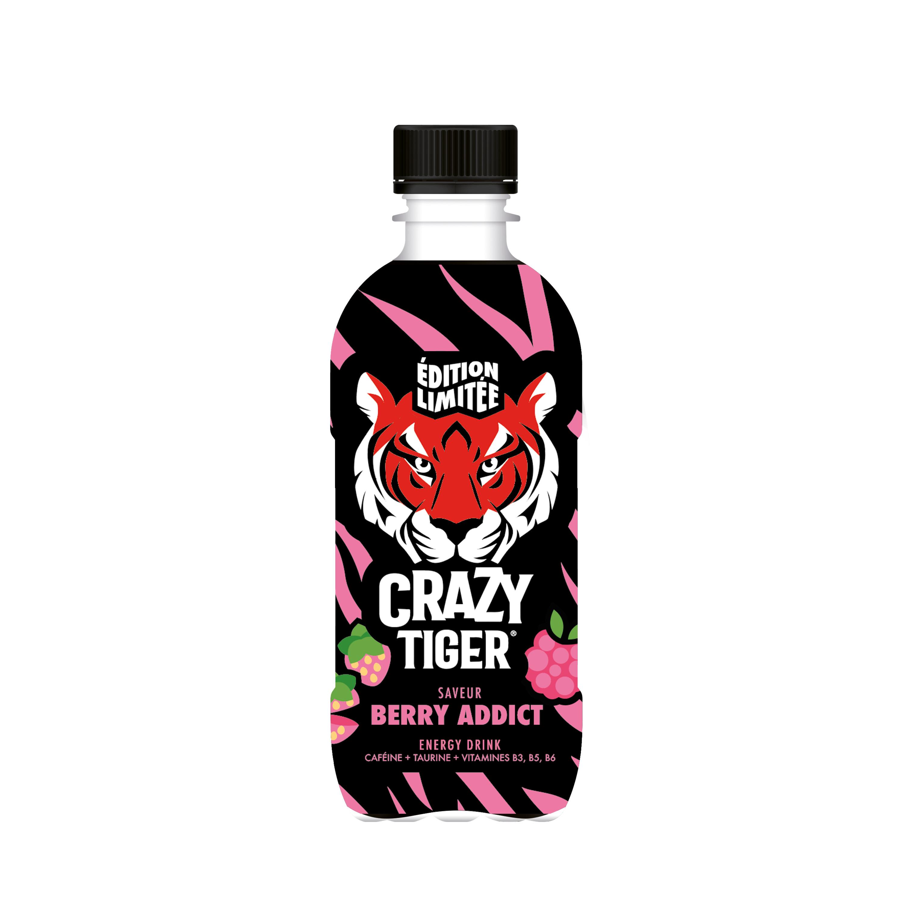 CRAZY TIGER Boisson gazeuse saveur fraise framboise et gingembre à la taurine avec édulcorants 35cl