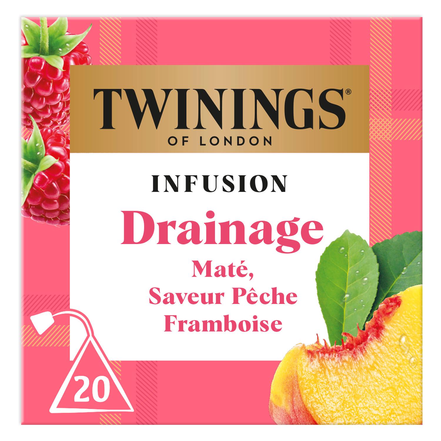 TWININGS Infusion drainage saveur pêche et framboise 20 sachets 30g