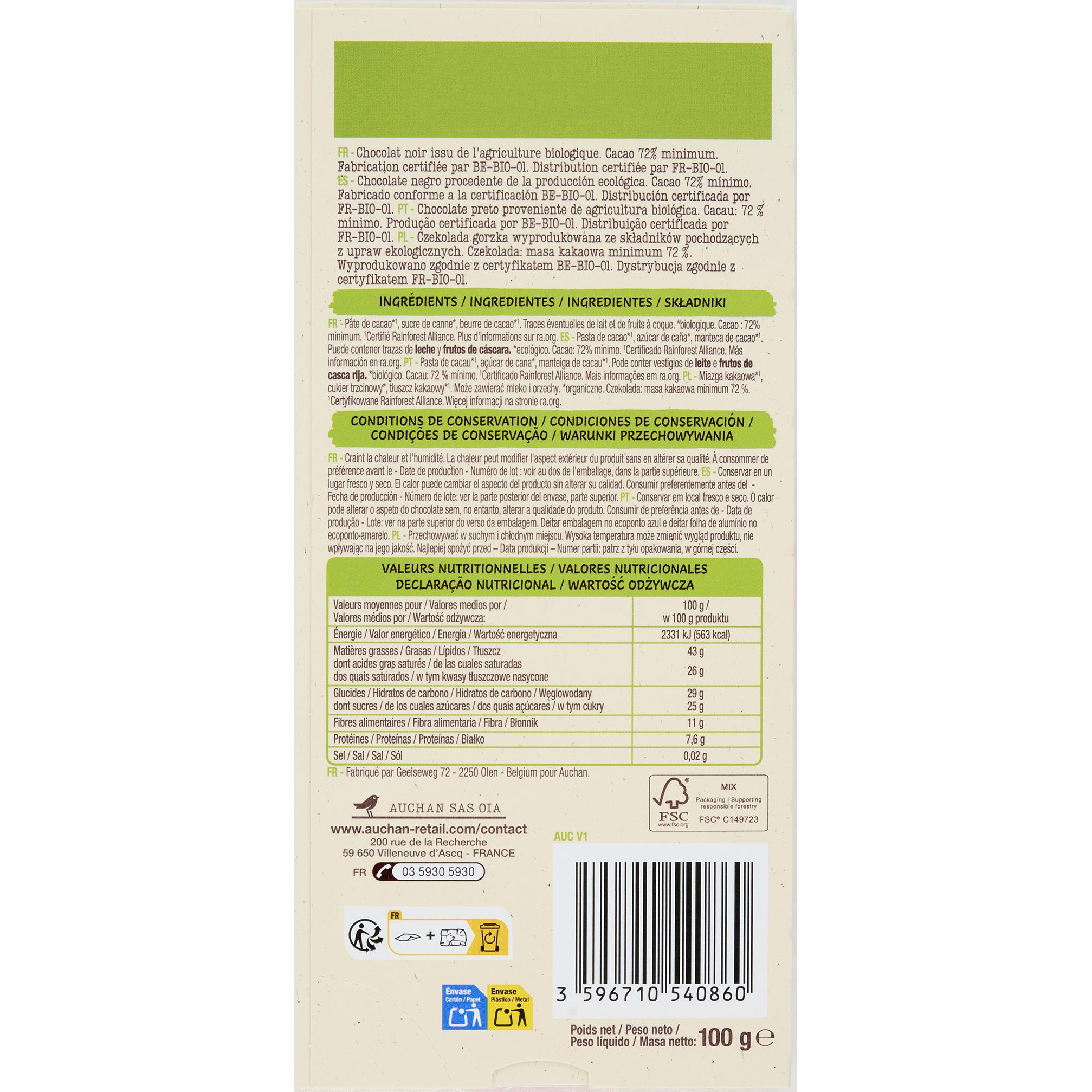 Voir la diapositive 2 : AUCHAN BIO Tablette de chocolat noir 72% 100g