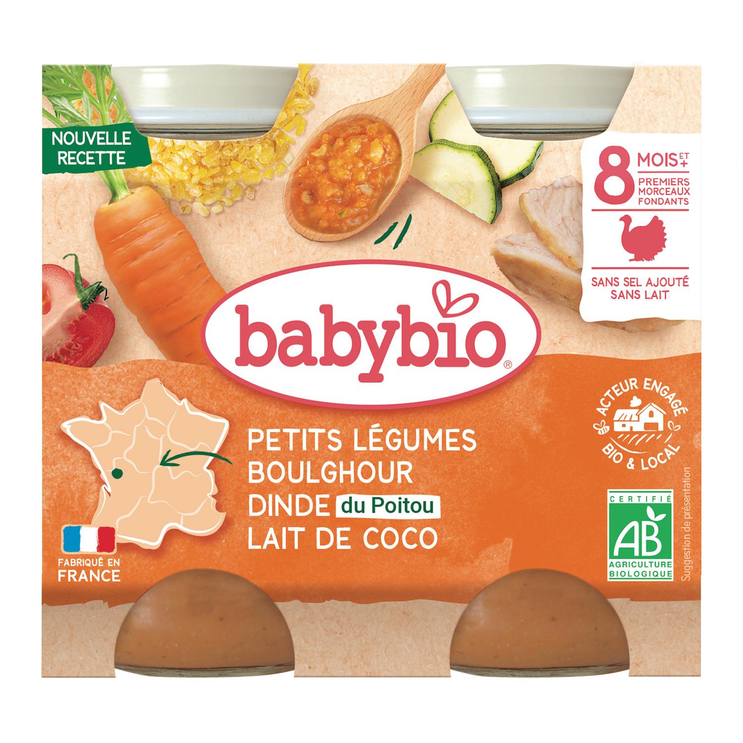 BABYBIO Purée petits légumes boulghour dinde du Poitou lait de coco dès 12 mois 400g