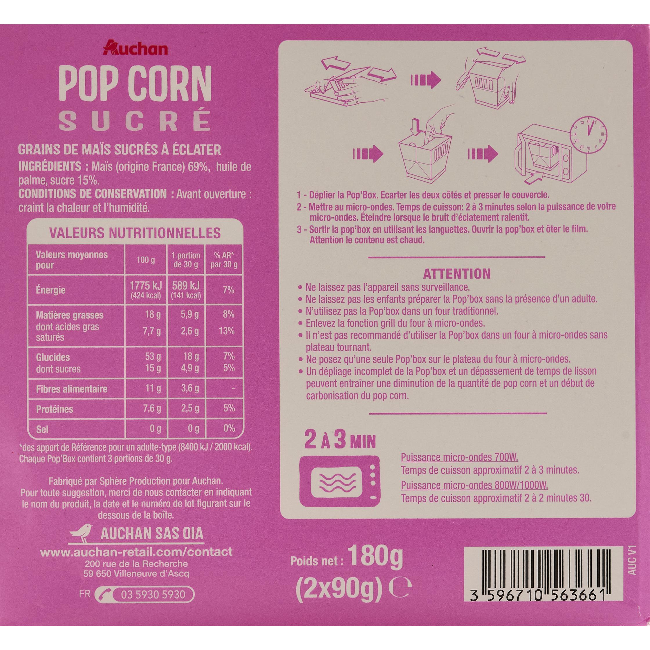 Voir la diapositive 4 : AUCHAN Pop-corn sucré box 2 sachets 2x90g