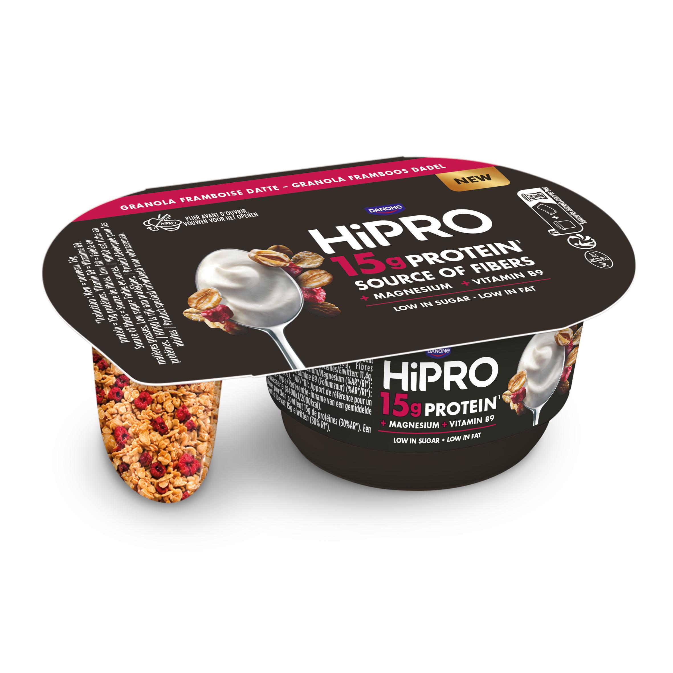 Voir la diapositive 2 : HIPRO Spécialité laitière protéinée framboise-datte et granola 132g