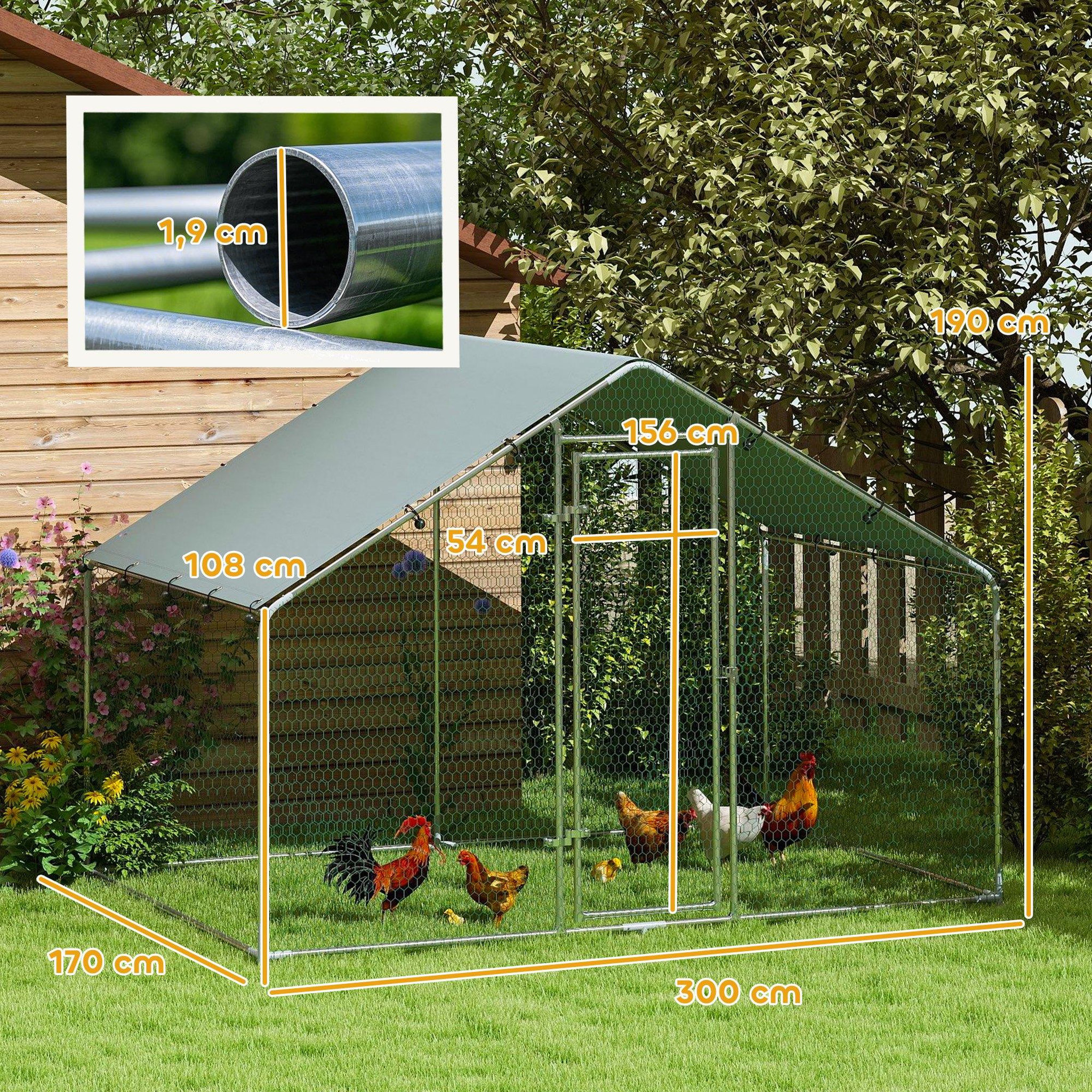 Voir la diapositive 3 : PAWHUT Enclos poulailler chenil 5,1 m² couvert - parc grillagé dim. 3L x 1,7l x 1,9H m - porte - acier galvanisé oxford gris