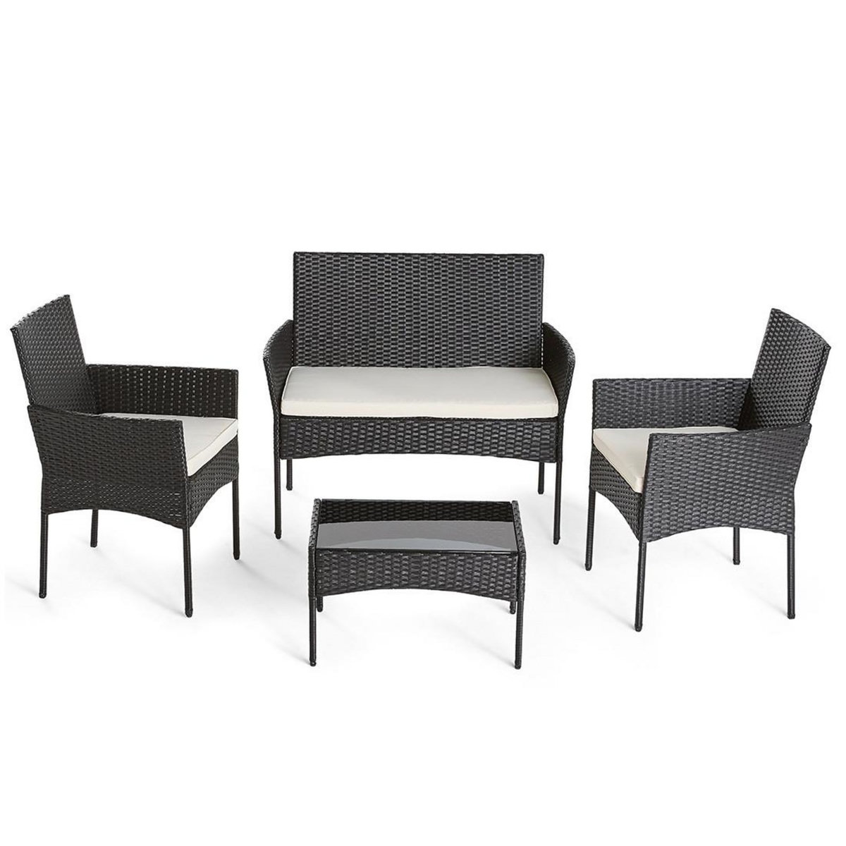 BEST MOBILIER Marbella - salon bas de jardin 4 places - en résine tressée - noir avec coussins beiges