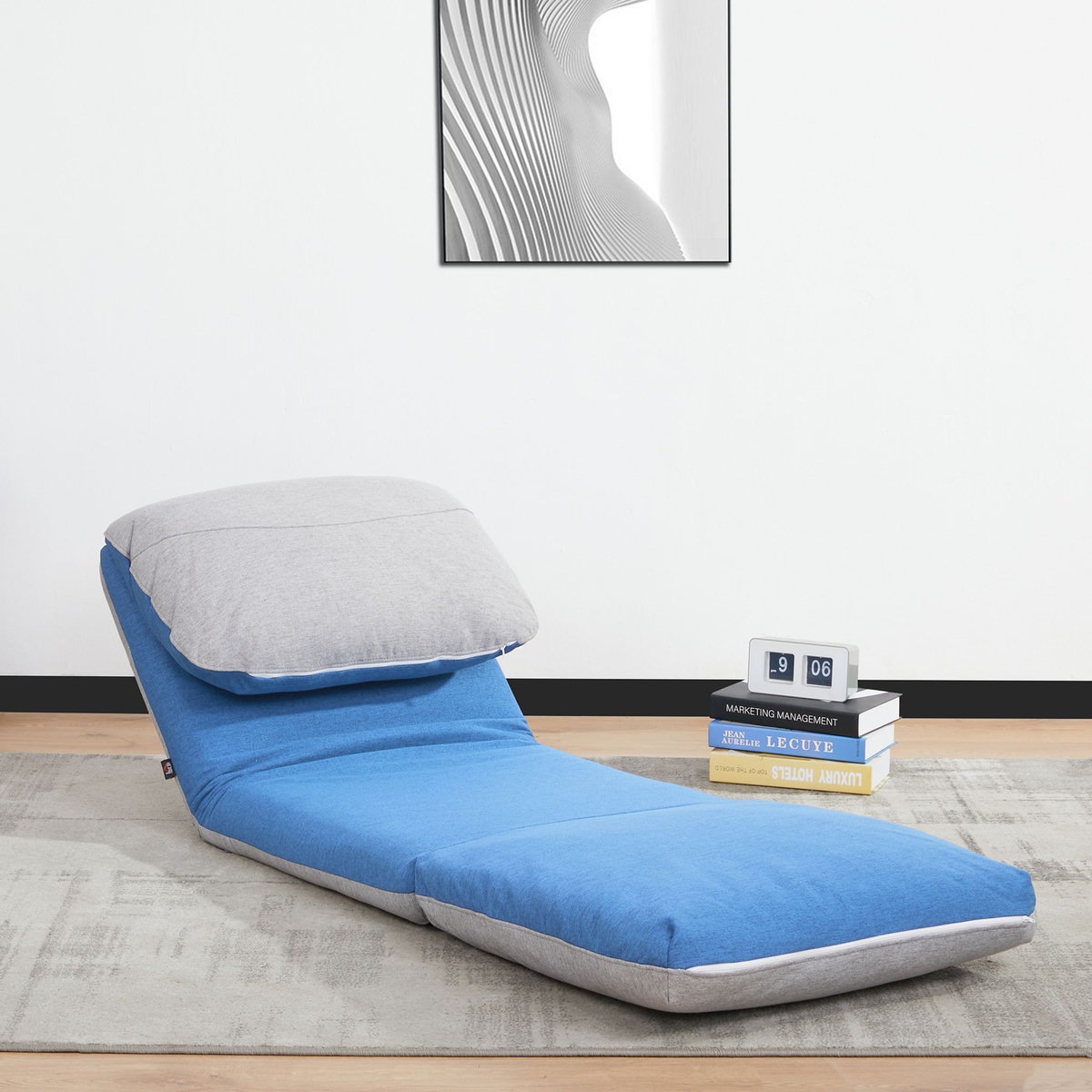 HOMCOM Chauffeuse - matelas d'appoint pliant - fauteuil convertible - inclinaison dossier réglable 5 positions - tissu polyester aspect lin gris clair bleu