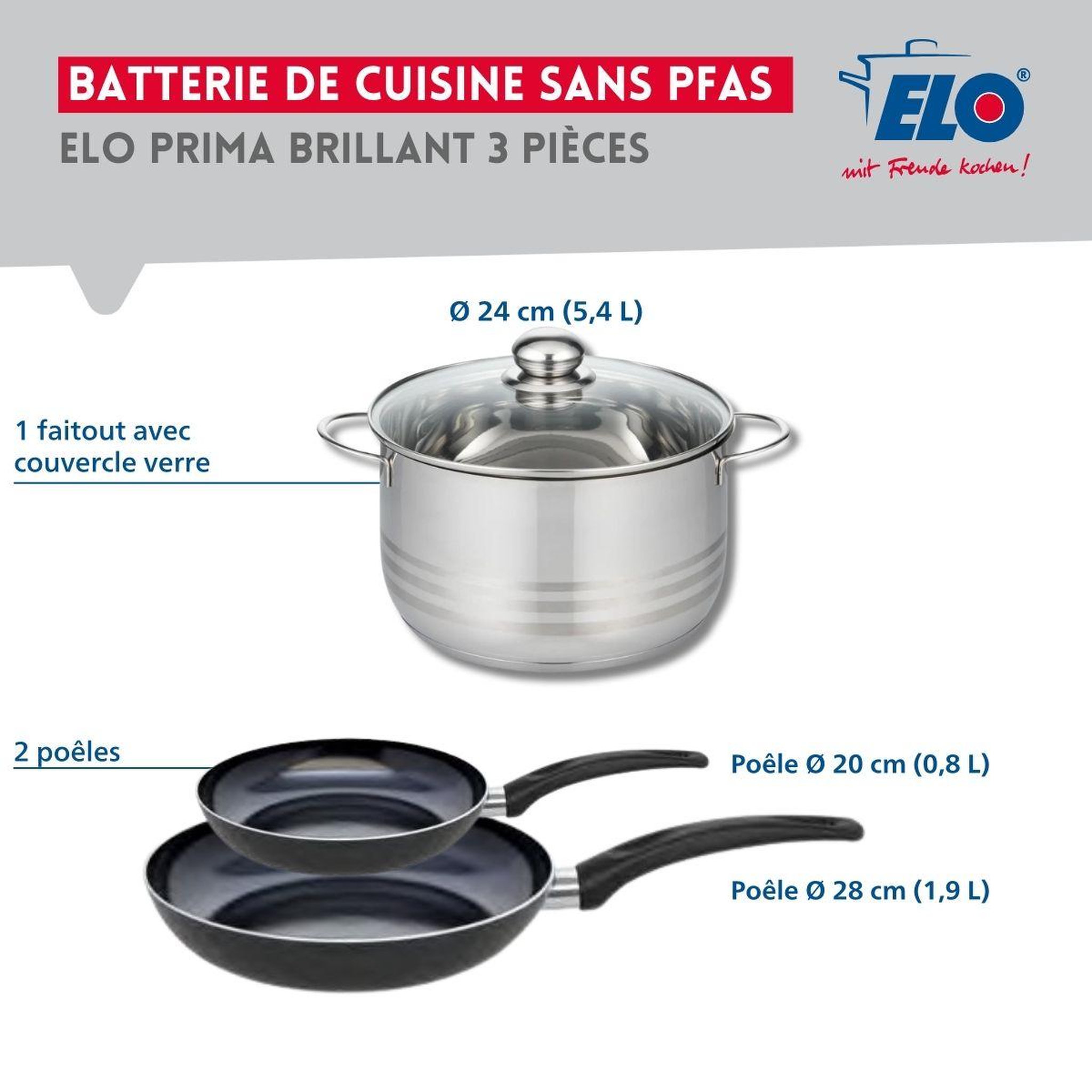 Voir la diapositive 2 : ELO Ensemble de 2 poêles de cuisson 20 et 28 cm et 1 faitout 24 cm elo prima brillant