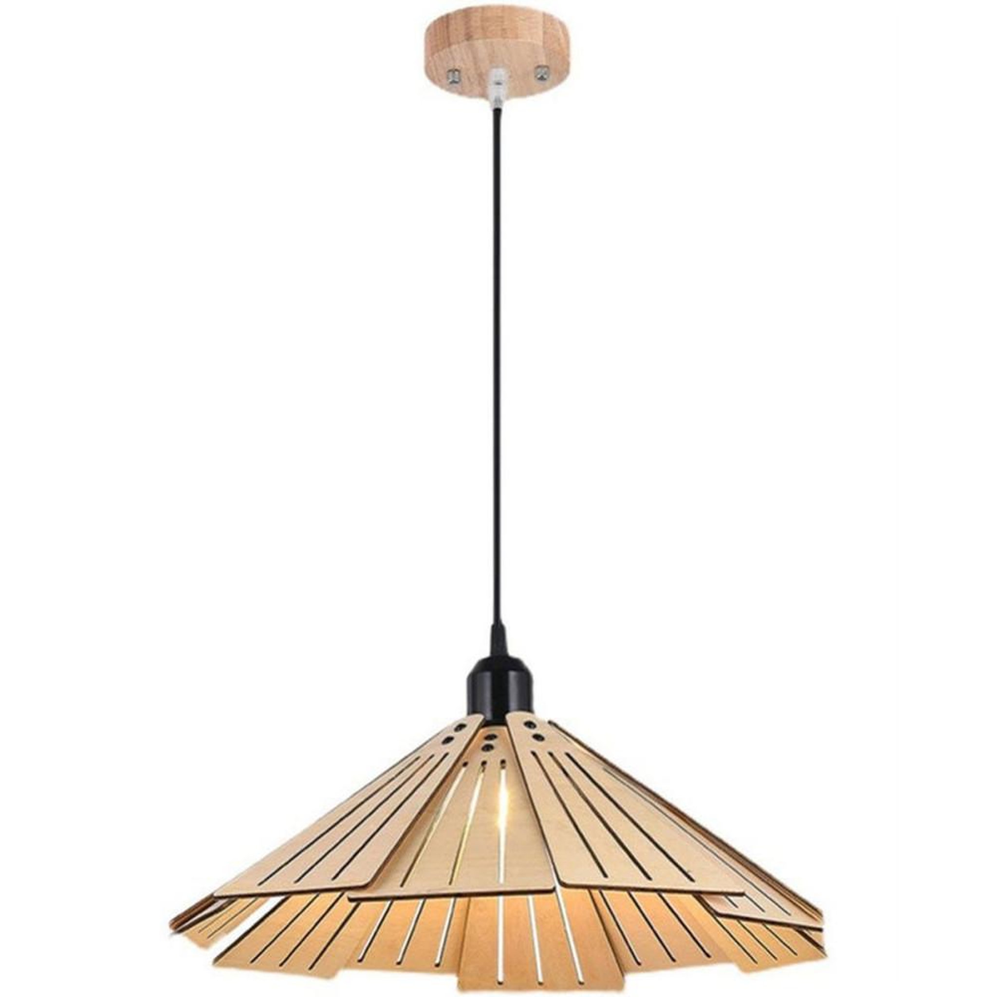 Lampe suspension en bois scandinave Ø35 cm abat-jour ajouré style dôme, métal noir, douille E27 12 W ampoule tricolore incluse