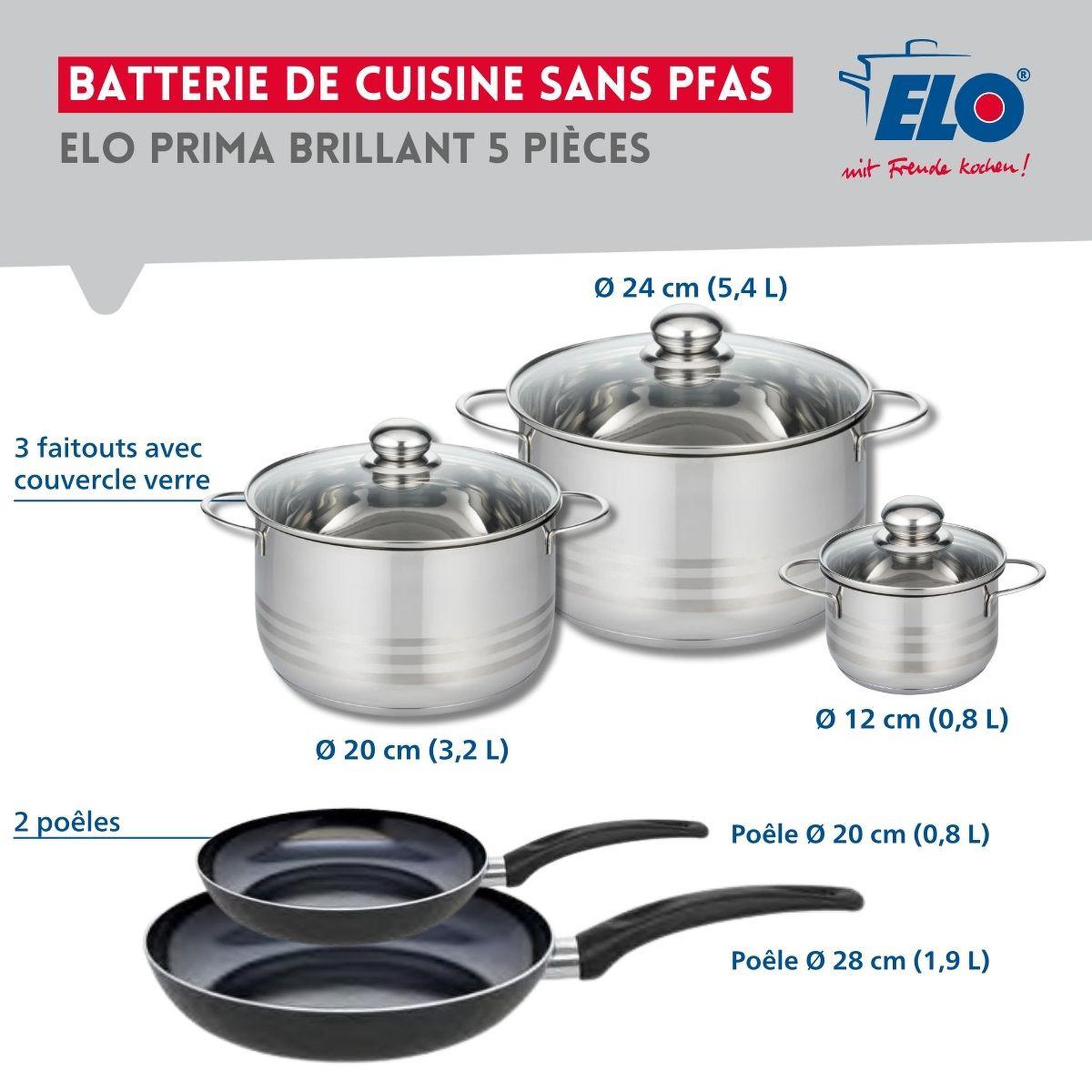Voir la diapositive 2 : ELO Ensemble de 2 poêles de cuisson 20 et 28 cm et 3 faitouts 12, 20 et 24 cm elo prima brillant