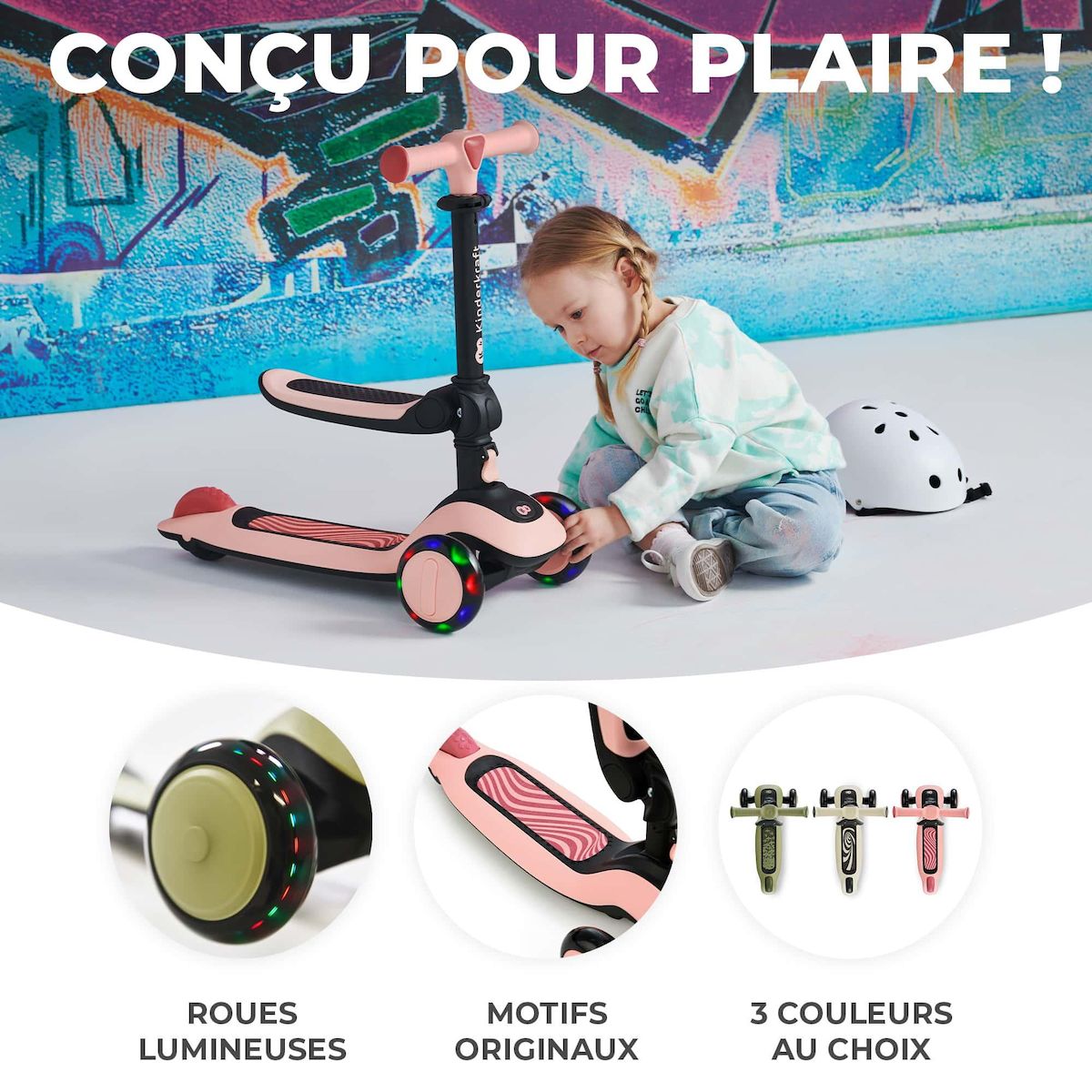 KINDERKRAFT Trottinette enfant pliante avec siege et roues lumineuses