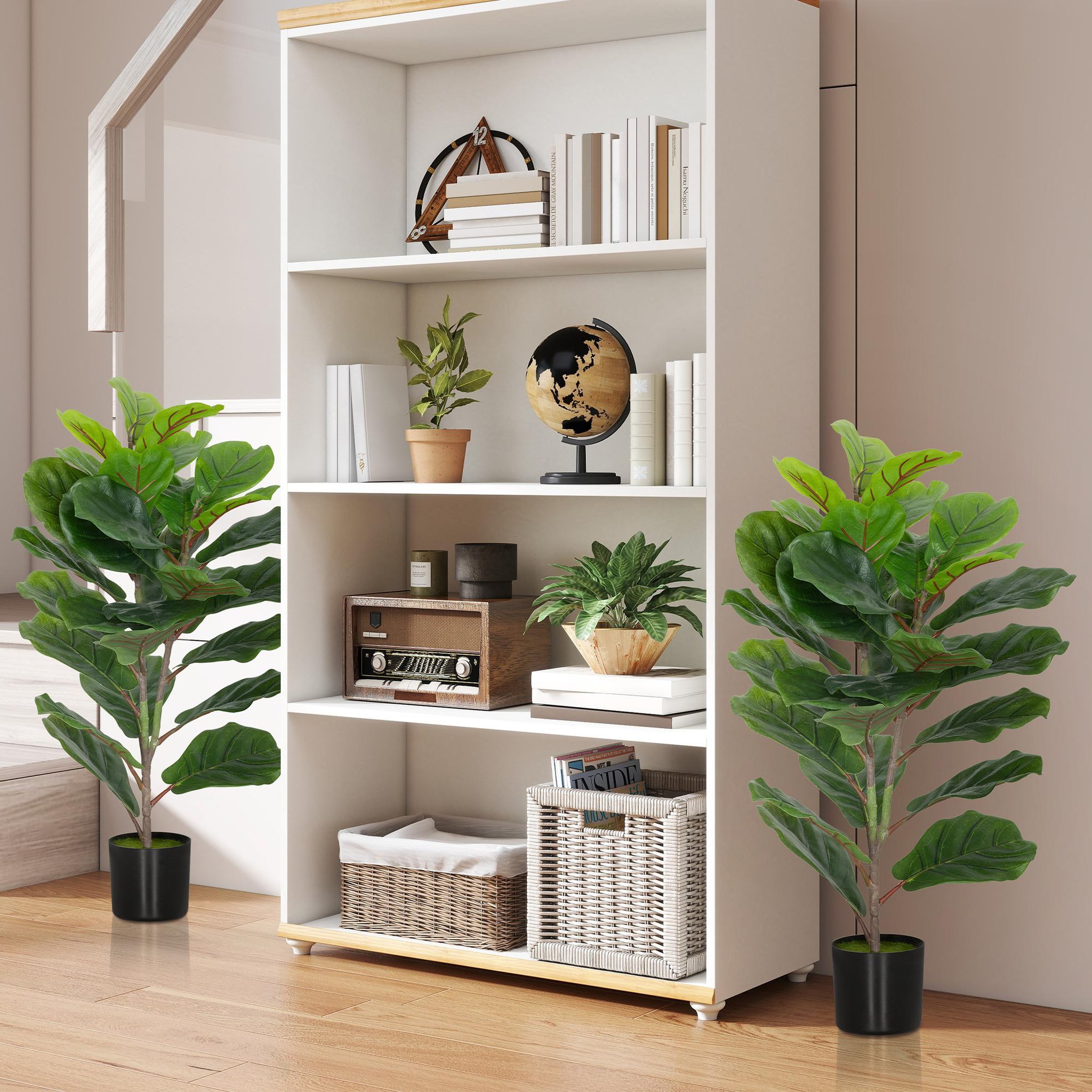 Voir la diapositive 2 : HOMCOM Lot de 2 plantes artificielles intérieures H.80cm figuier lyre 31 grandes feuilles pot inclus