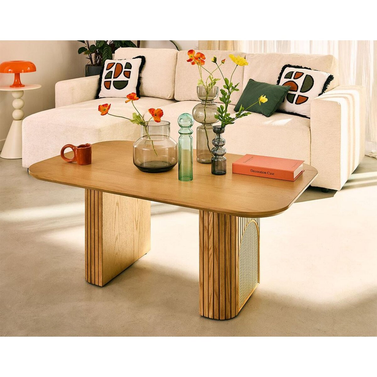 LISA DESIGN Milazzo - table basse - bois plaqué chêne et cannage - 120 cm