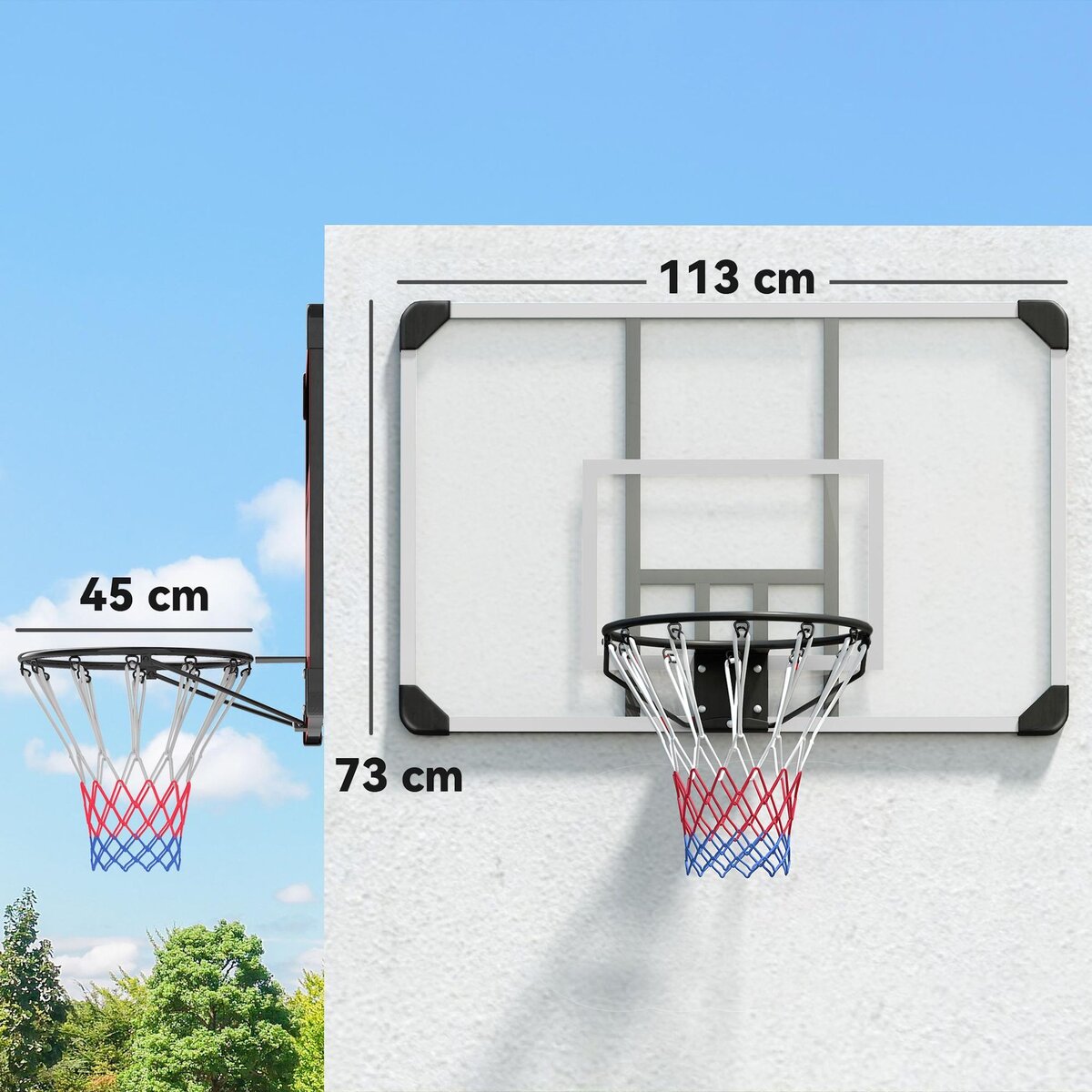 HOMCOM Panier de basket-ball mural - panneau de basket à accrocher - visserie incluse - acier PC blanc noir
