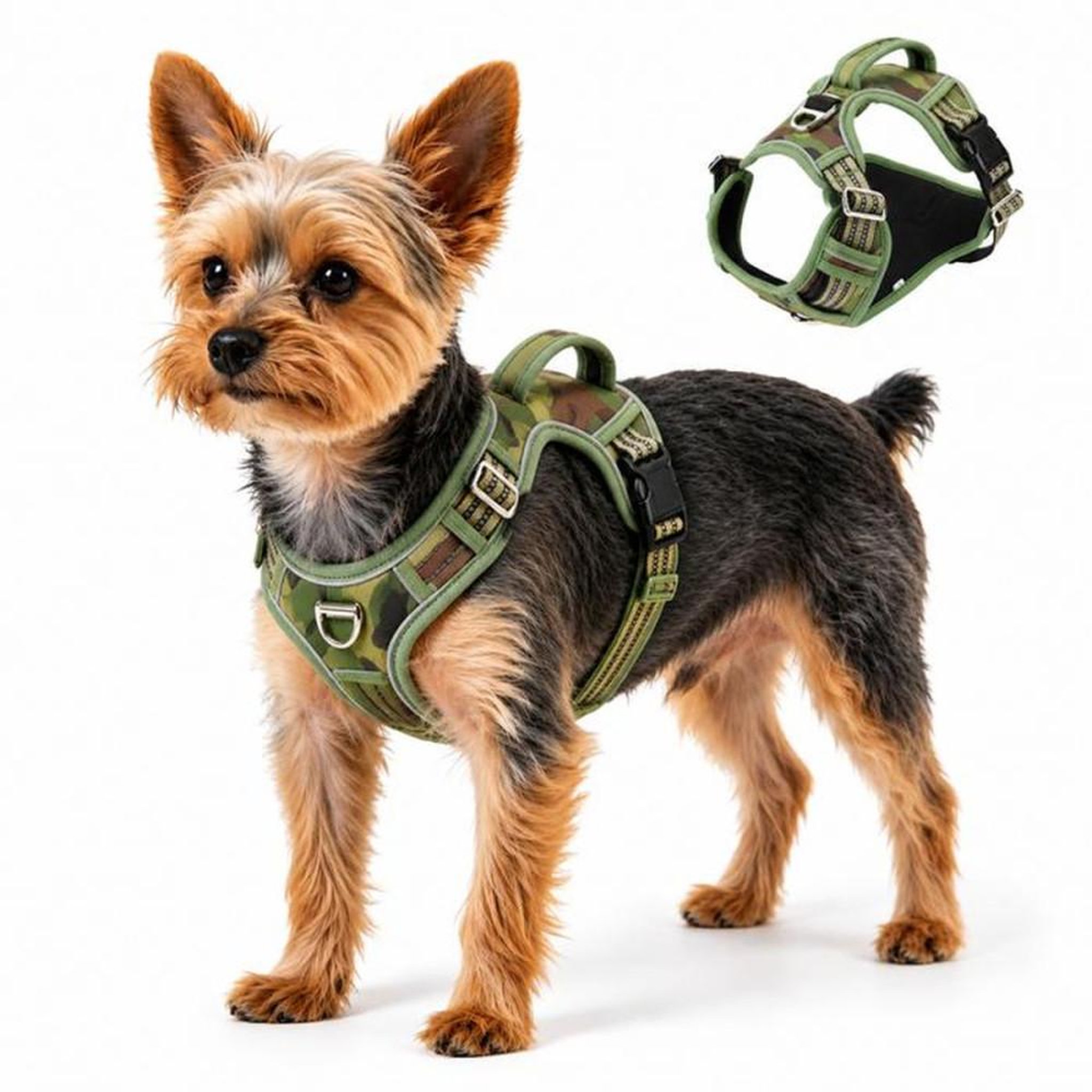 Harnais pour chien taille S vert anti-traction avec poignée de contrôle arrière et bandes réfléchissantes en polyester