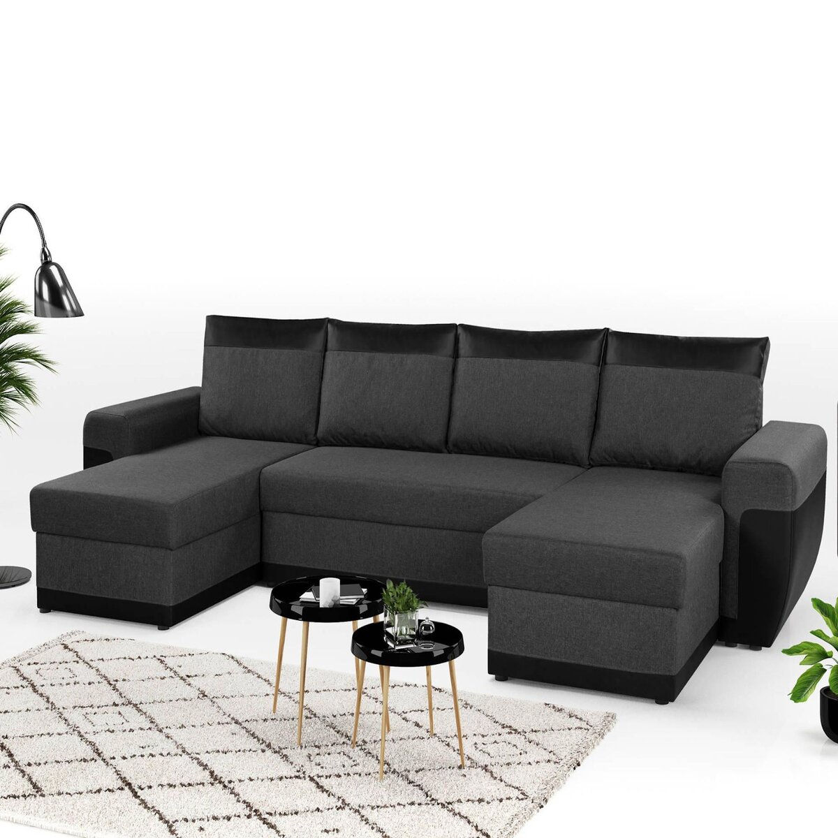 BEST MOBILIER Milan - canapé d'angle panoramique - convertible - 7 places - 2 coffres de rangement