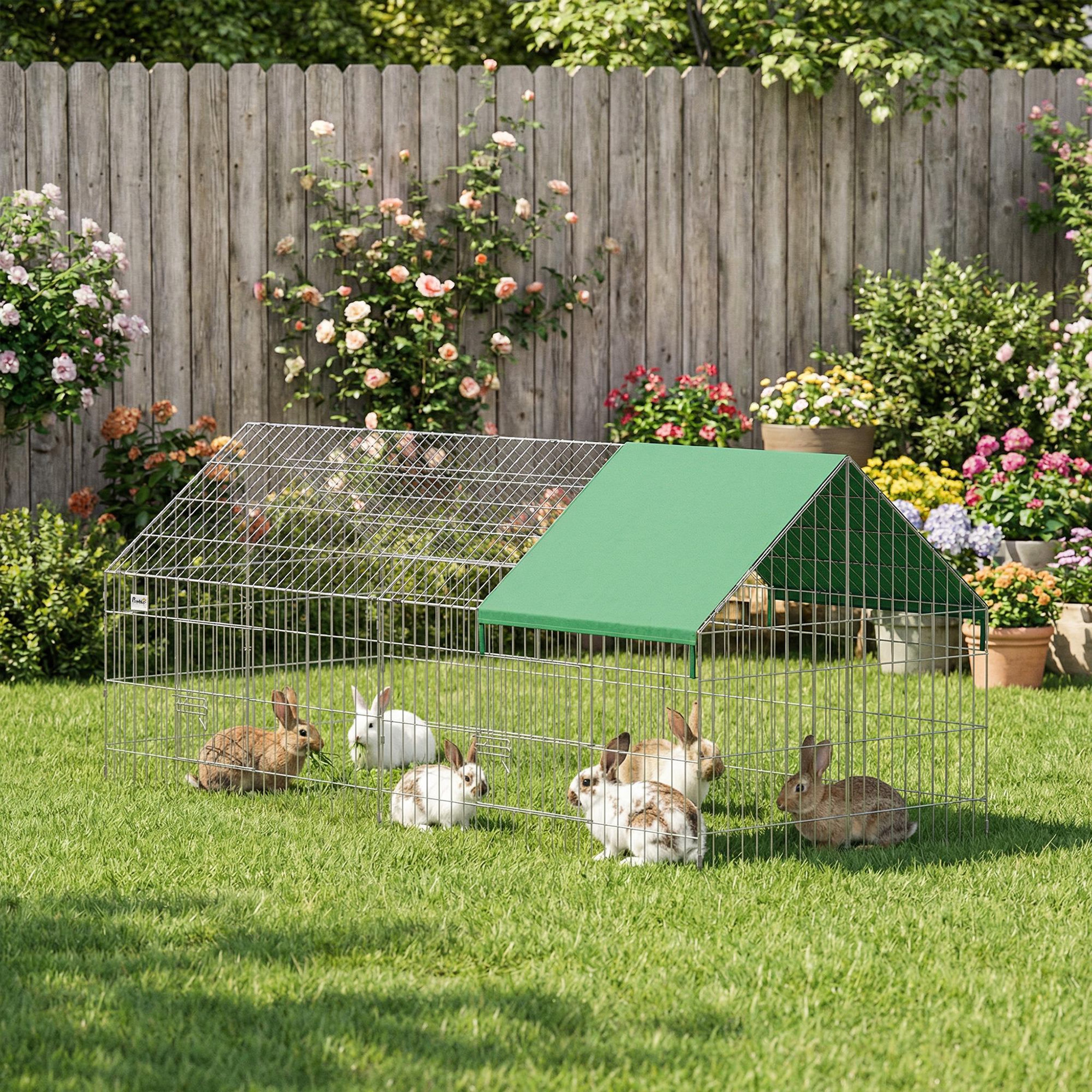Voir la diapositive 2 : PAWHUT Parc enclos extérieur lapins portes verrouillables toit incliné acier vert
