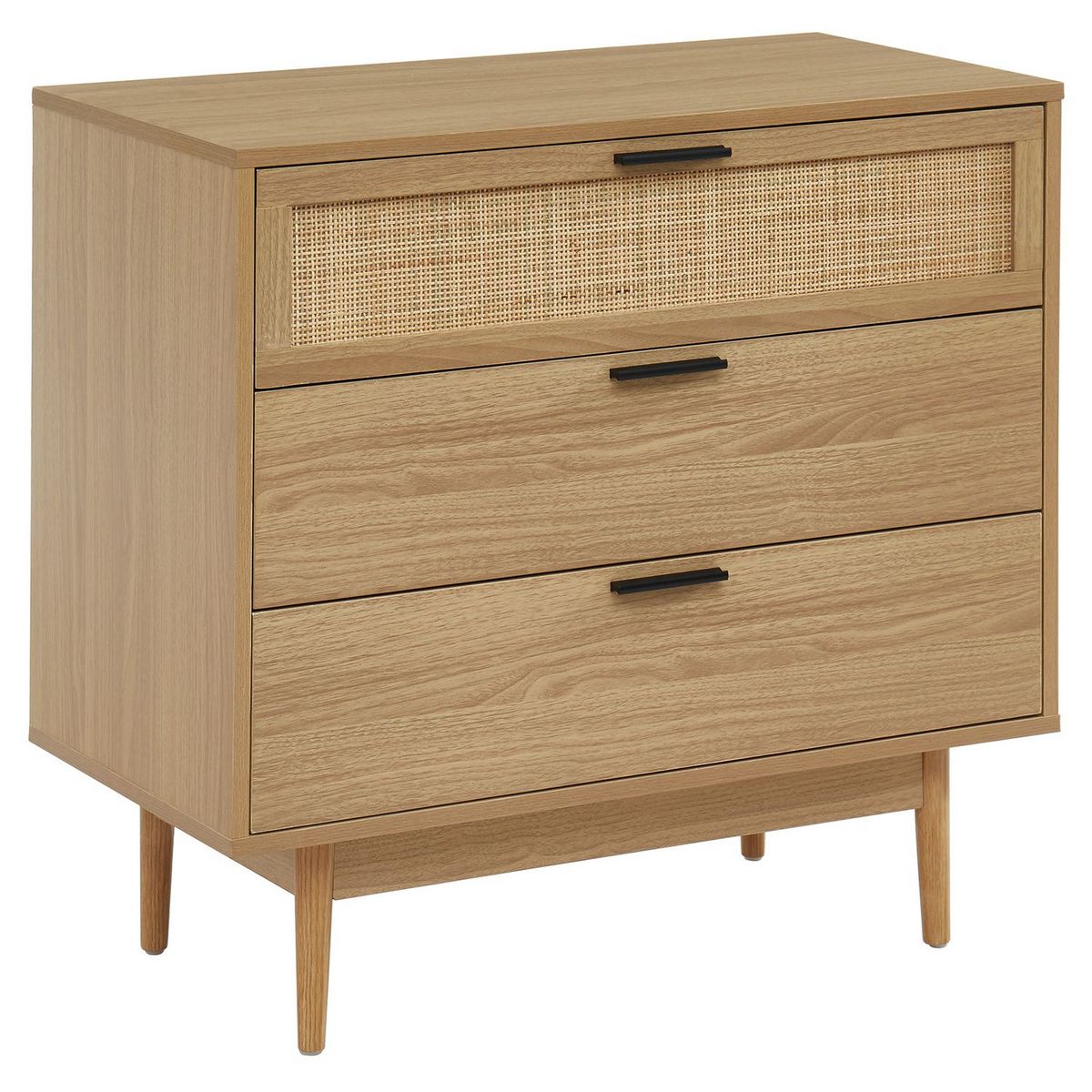 Commode 3 Tiroirs Cannage Naturel- Décor Imitation Bois L80cm AMANDINE