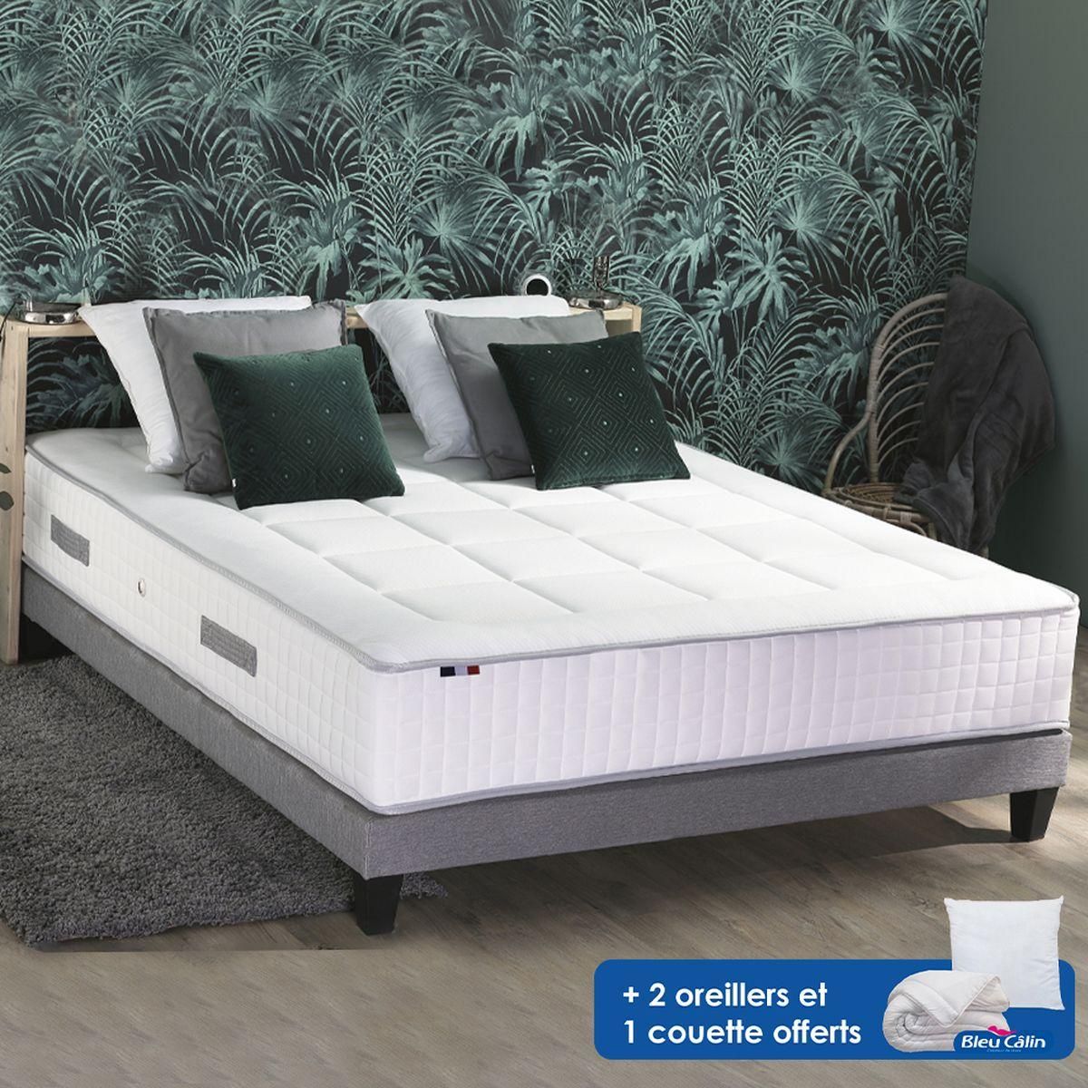 Ensemble Matelas Ressort 7 zones + sommier 140 x 190 cm + oreillers + couette PALACIO