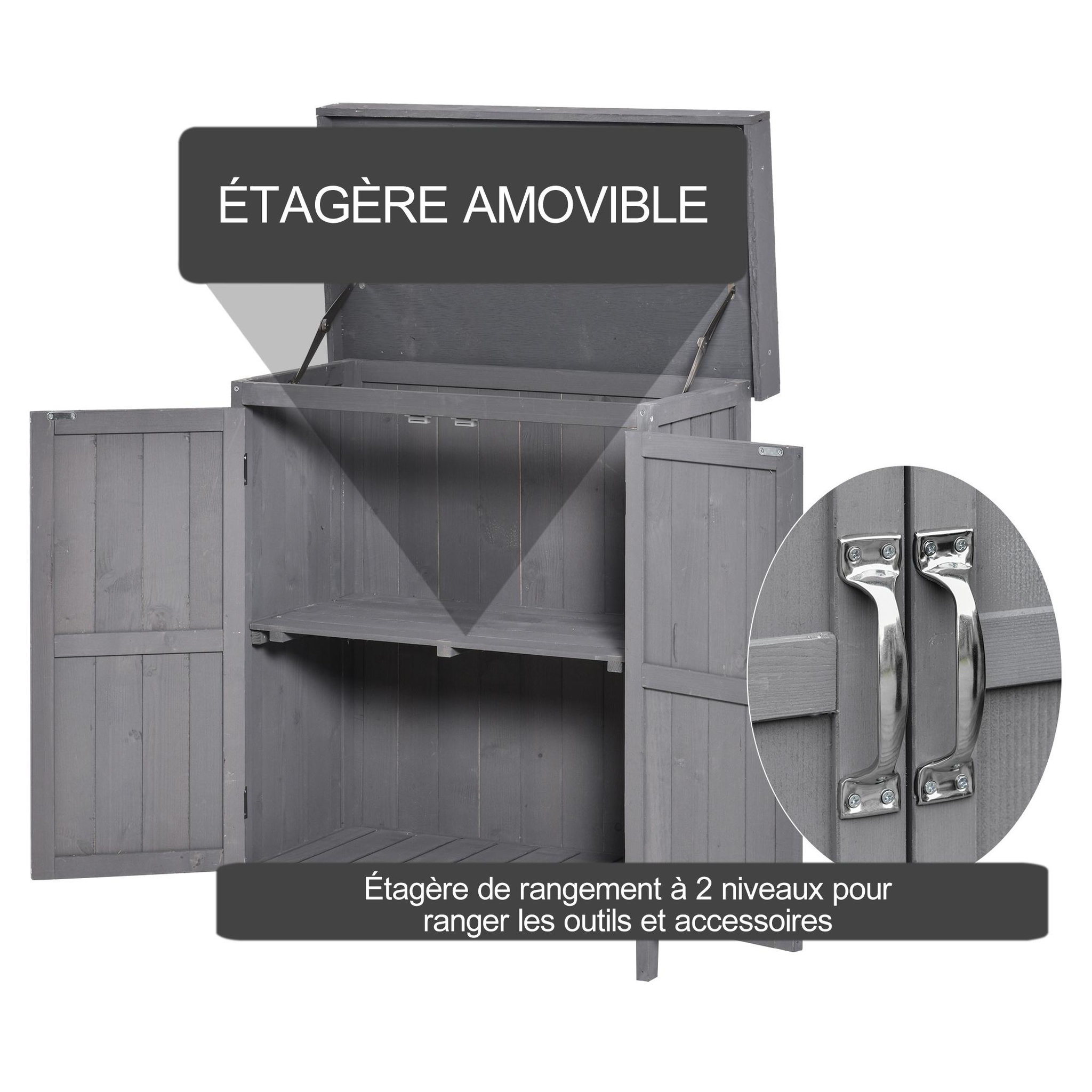 Voir la diapositive 6 : OUTSUNNY Armoire de jardin sur pied double porte étagère et toit bitumé relevable dim. 74L x 43l x 88H cm bois sapin gris