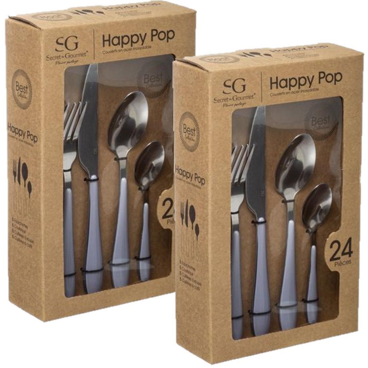 TOILINUX Lot de 2 Ménagères Happy Pop - 48 couverts - Gris