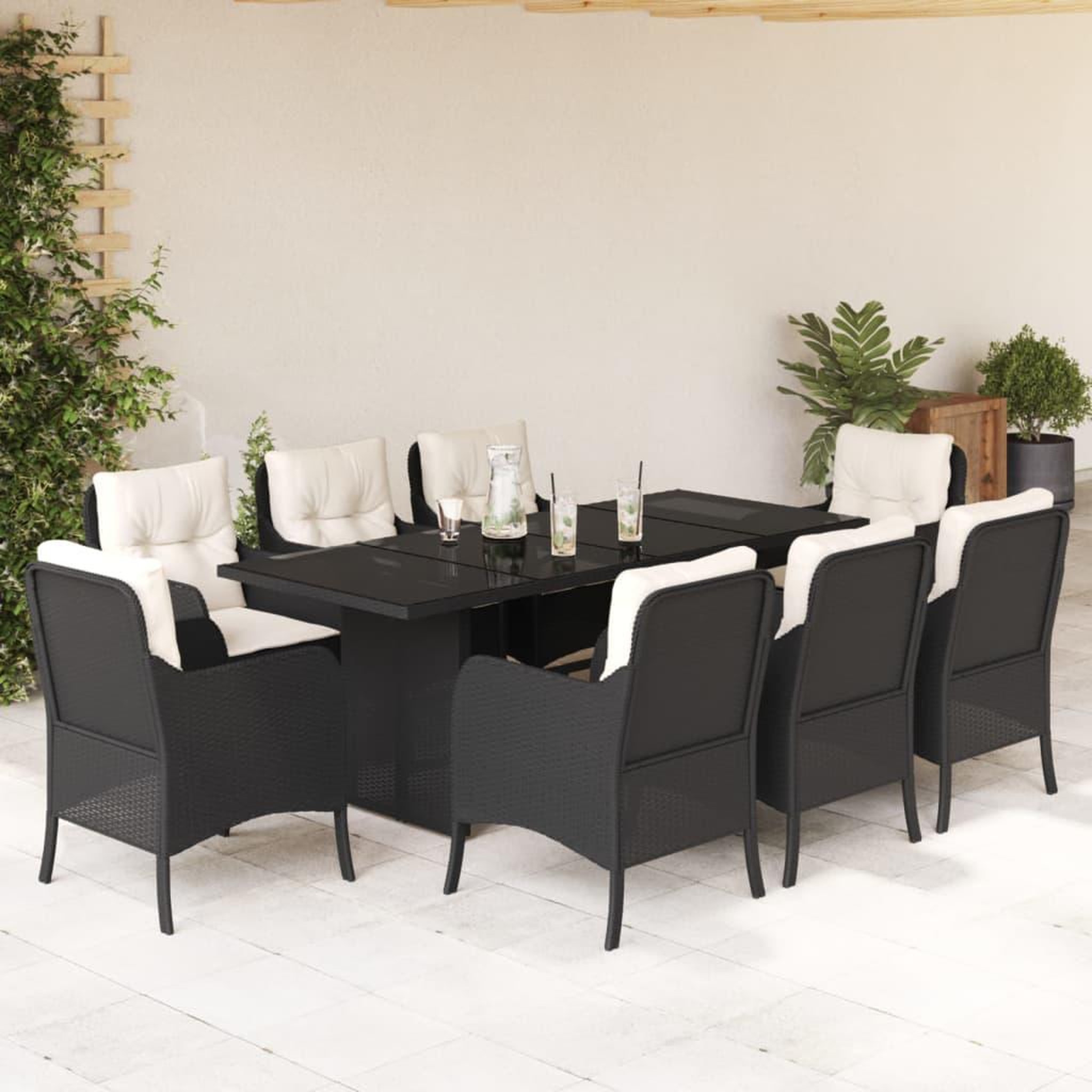 VIDAXL Ensemble a manger de jardin 9pcs coussins noir resine tressee