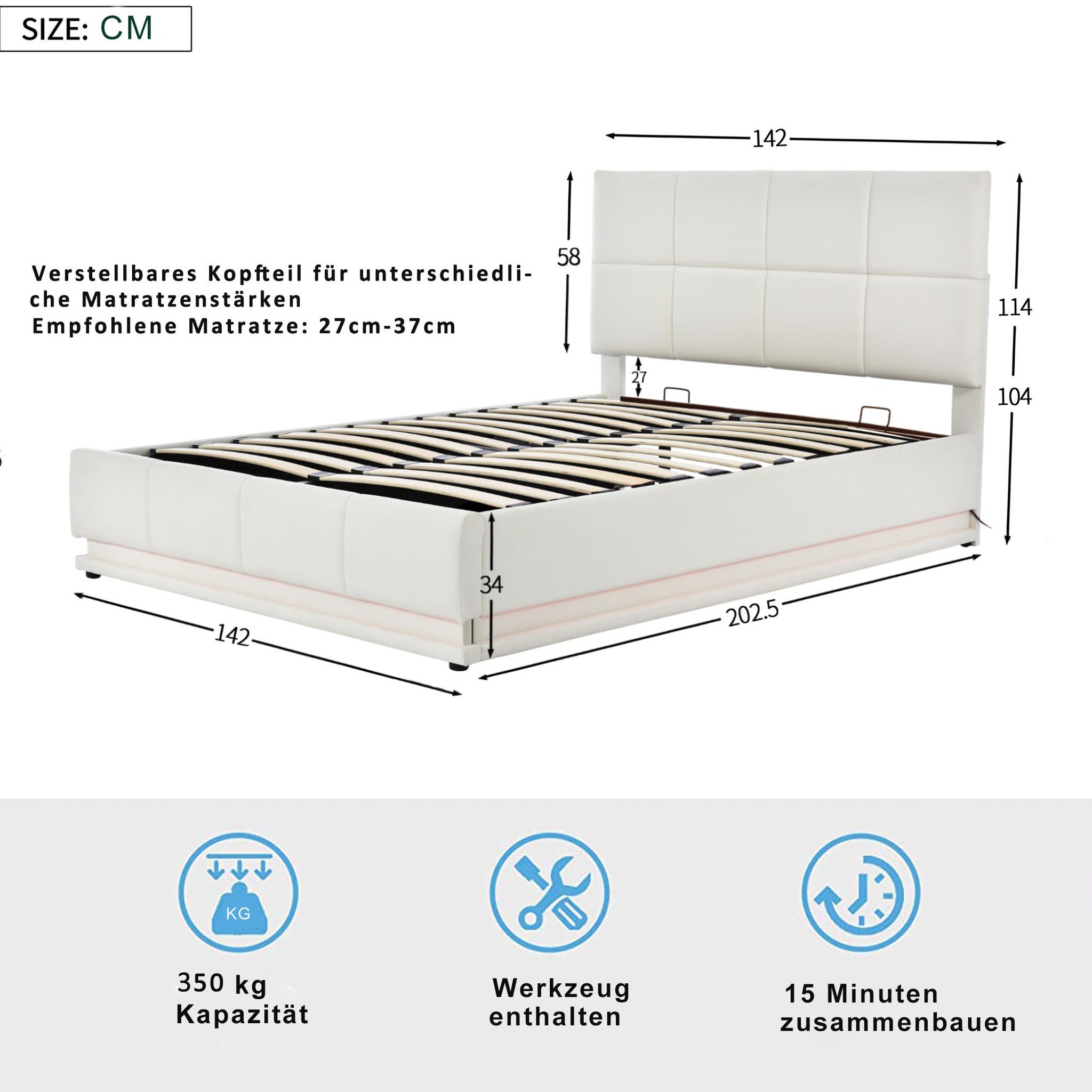 Voir la diapositive 3 : MERAX Lit coffre rembourré 140x200 cm coloris blanc led tissu
