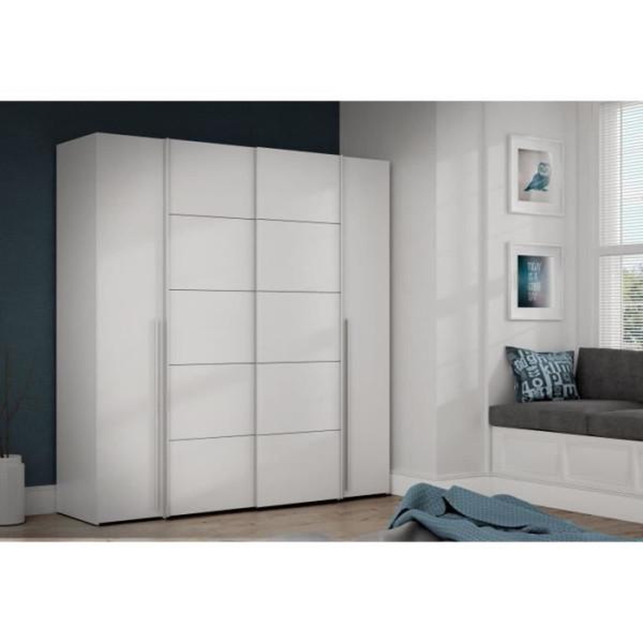 Voir la diapositive 2 : MARKET24 Armoire NARAGO - Décor Blanc mat - 2 portes coulissantes + 2 portes battantes + 2 penderies - L200 x P61 x H210 cm