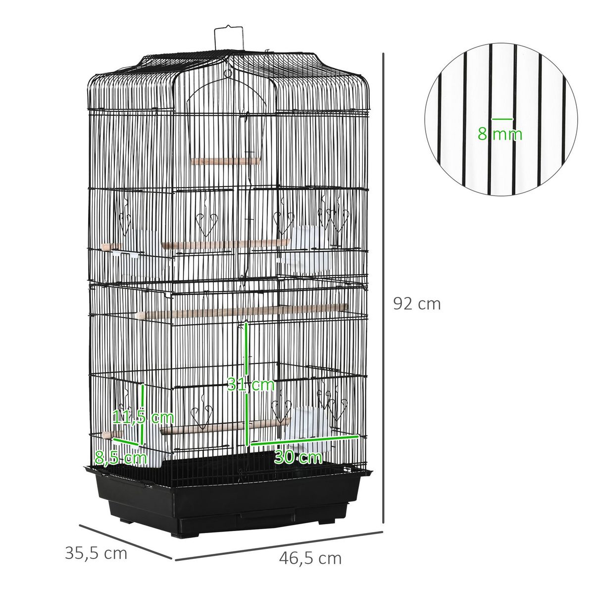 PAWHUT Cage à oiseaux volière avec mangeoires perchoirs plateau amovible dim. 46,5L x 35,5l x 92H cm métal PS noir