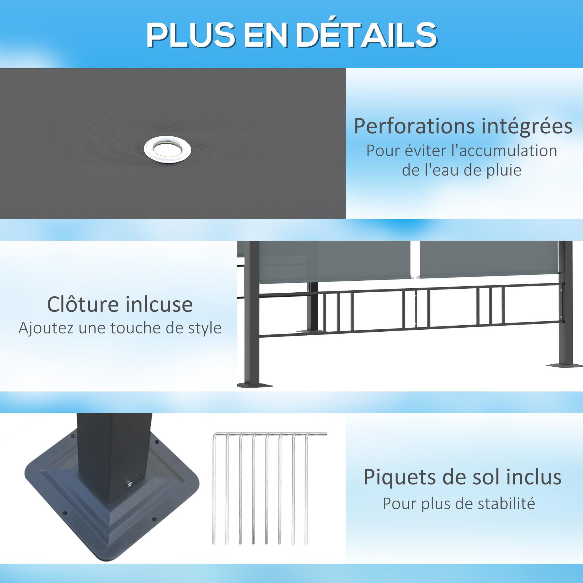 Voir la diapositive 6 : OUTSUNNY Pergola rétractable 3,9L x 2,9l x 2,2H m structure alu. acier époxy noir double toile polyester haute densité gris