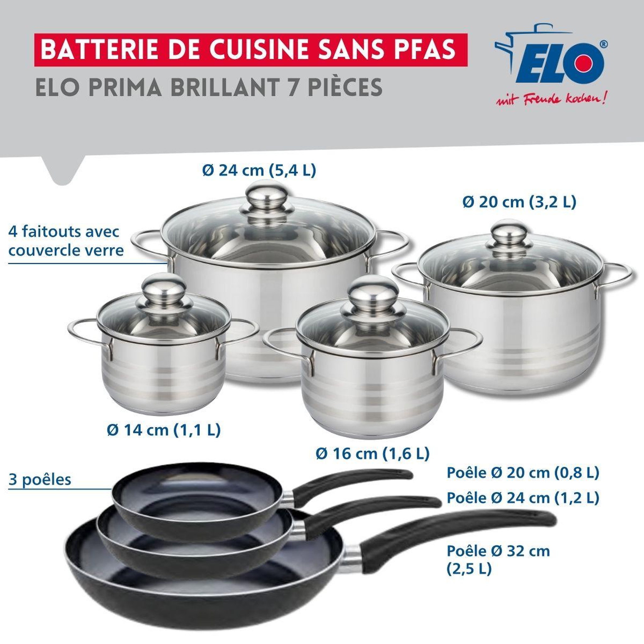 Voir la diapositive 2 : ELO Ensemble de 3 poêles de cuisson 20, 24 et 32 cm et 4 faitouts 14, 16, 20 et 24 cm elo prima brillant