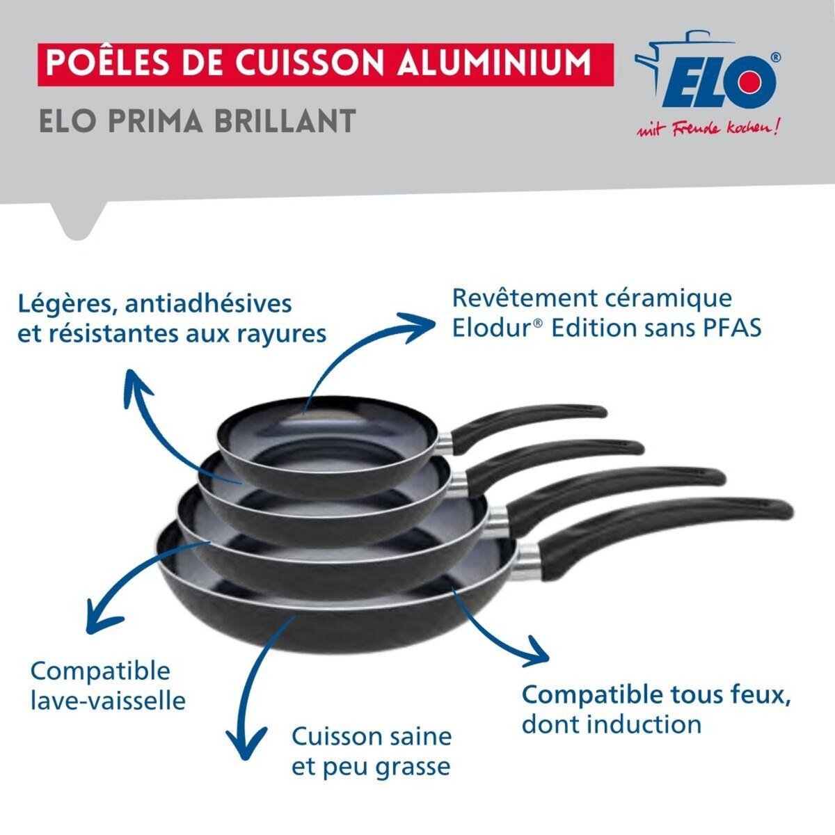 ELO Ensemble de 4 Poêles de cuisson 20, 24, 28 et 32 cm et 4 faitouts 14, 16, 20 et 24 cm Elo Prima Brillant