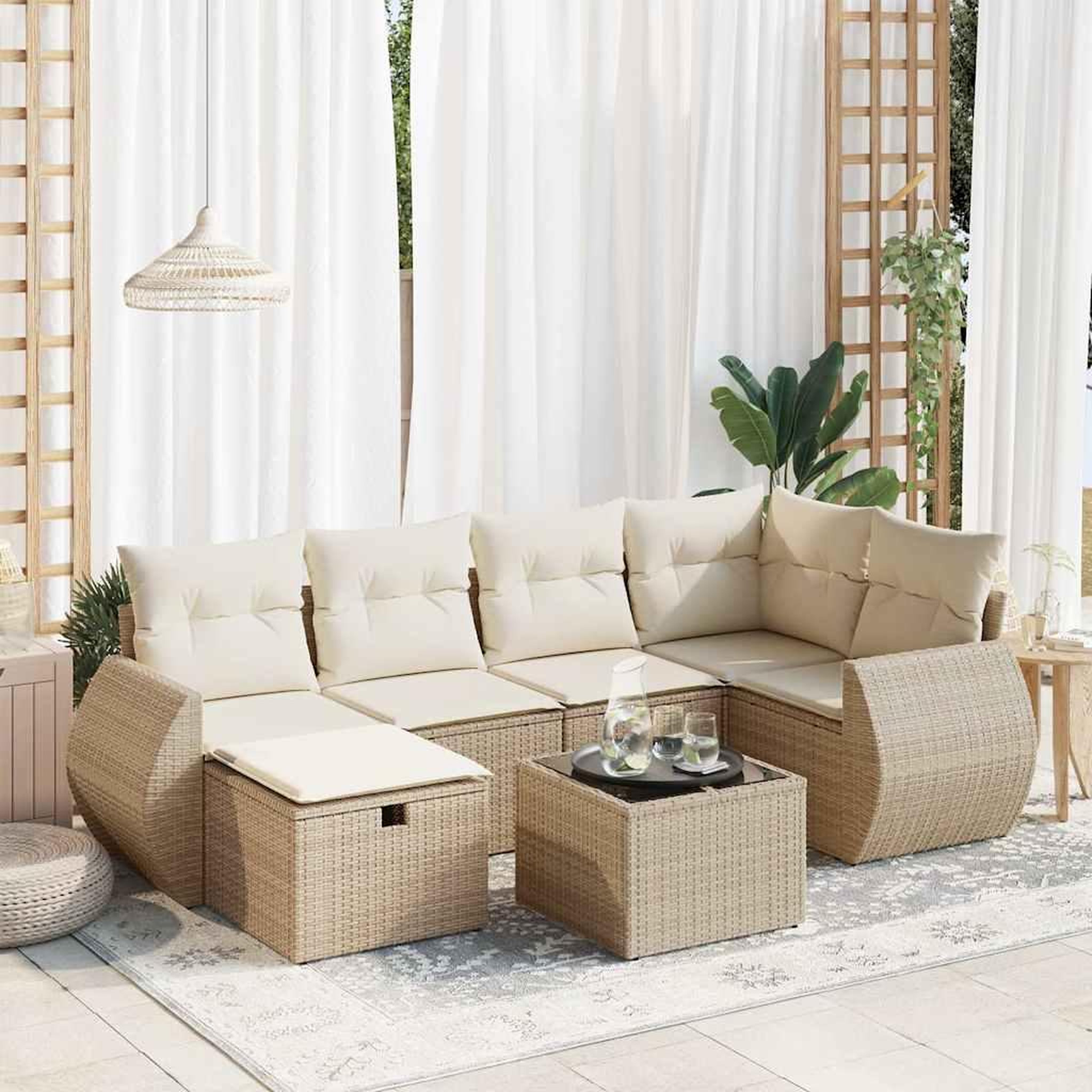 VIDAXL Salon de jardin avec coussins 7 pcs beige resine tressee