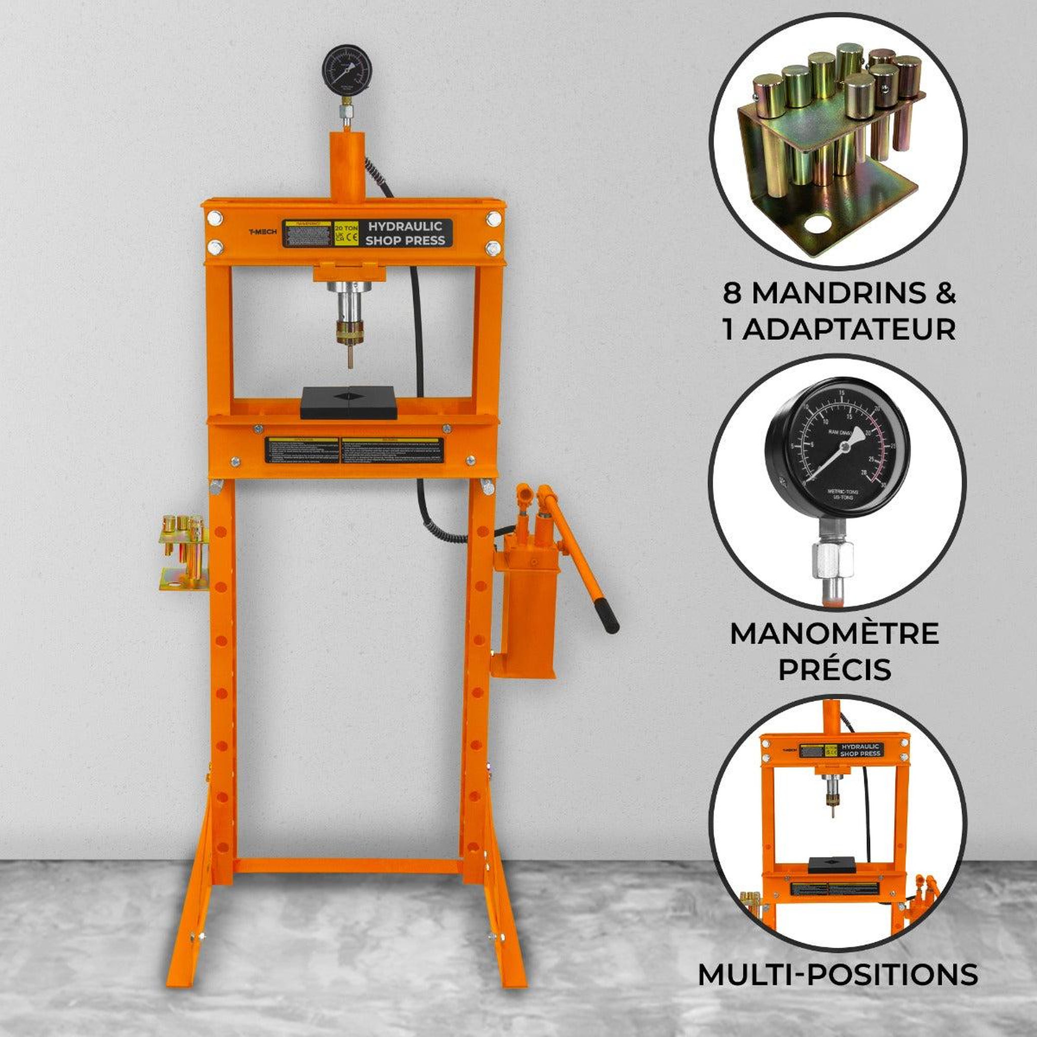 Voir la diapositive 2 : T-MECH Presse hydraulique d'atelier sur pieds - 20 tonnes